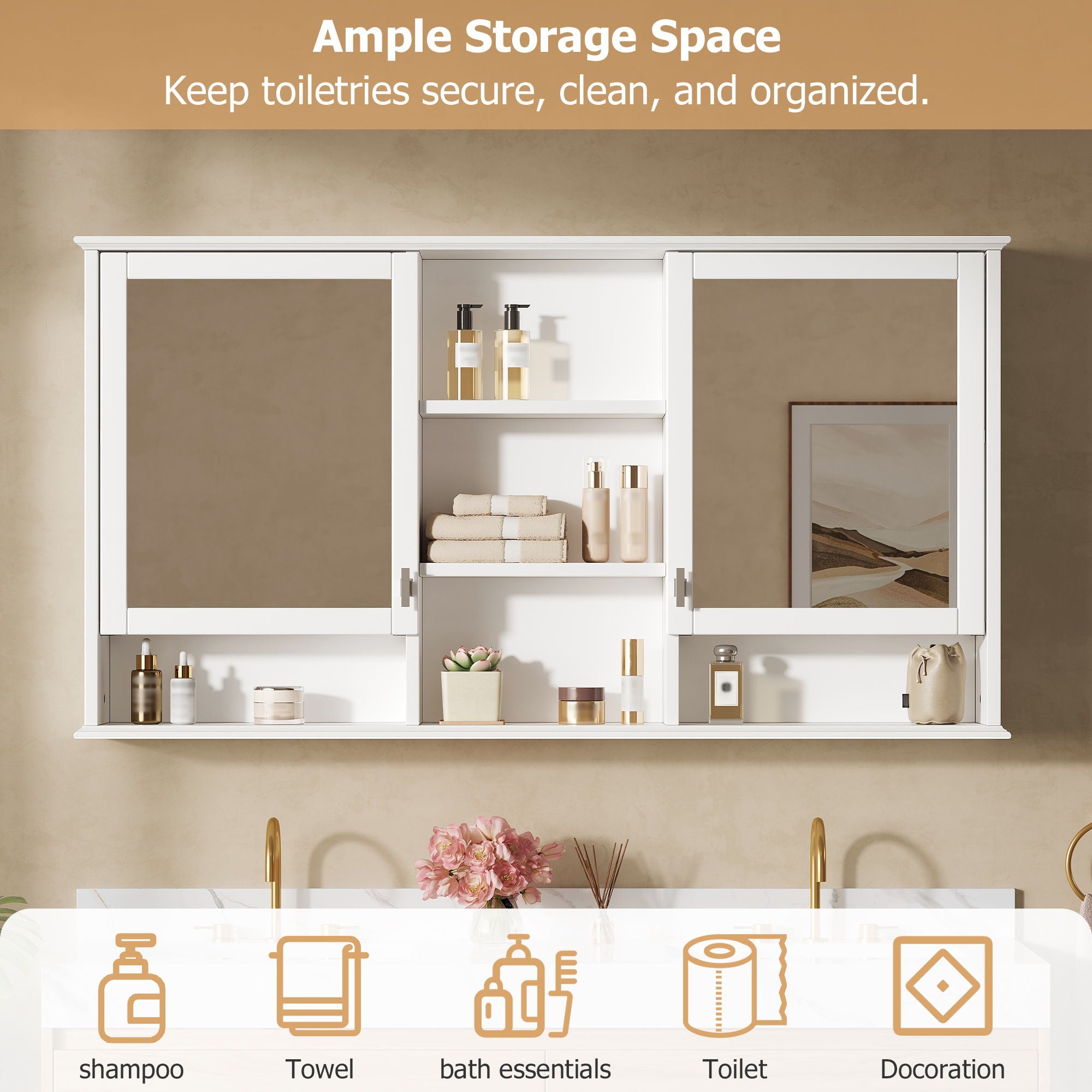 Wall Mount Mirror Cabinet With Adjustable Shelves - White