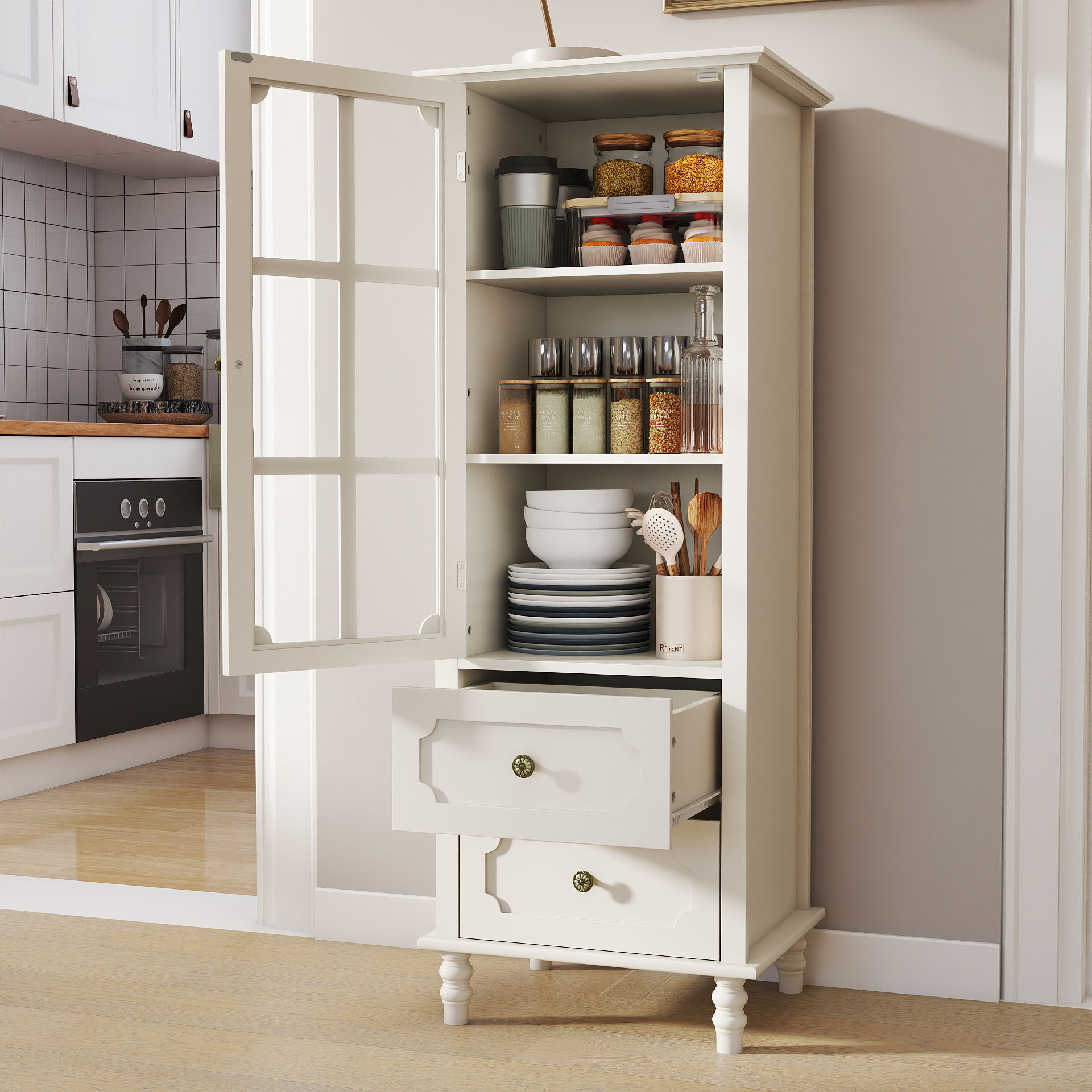 Minimalism Buffet Cabinet With Glass Doors And Double Drawer