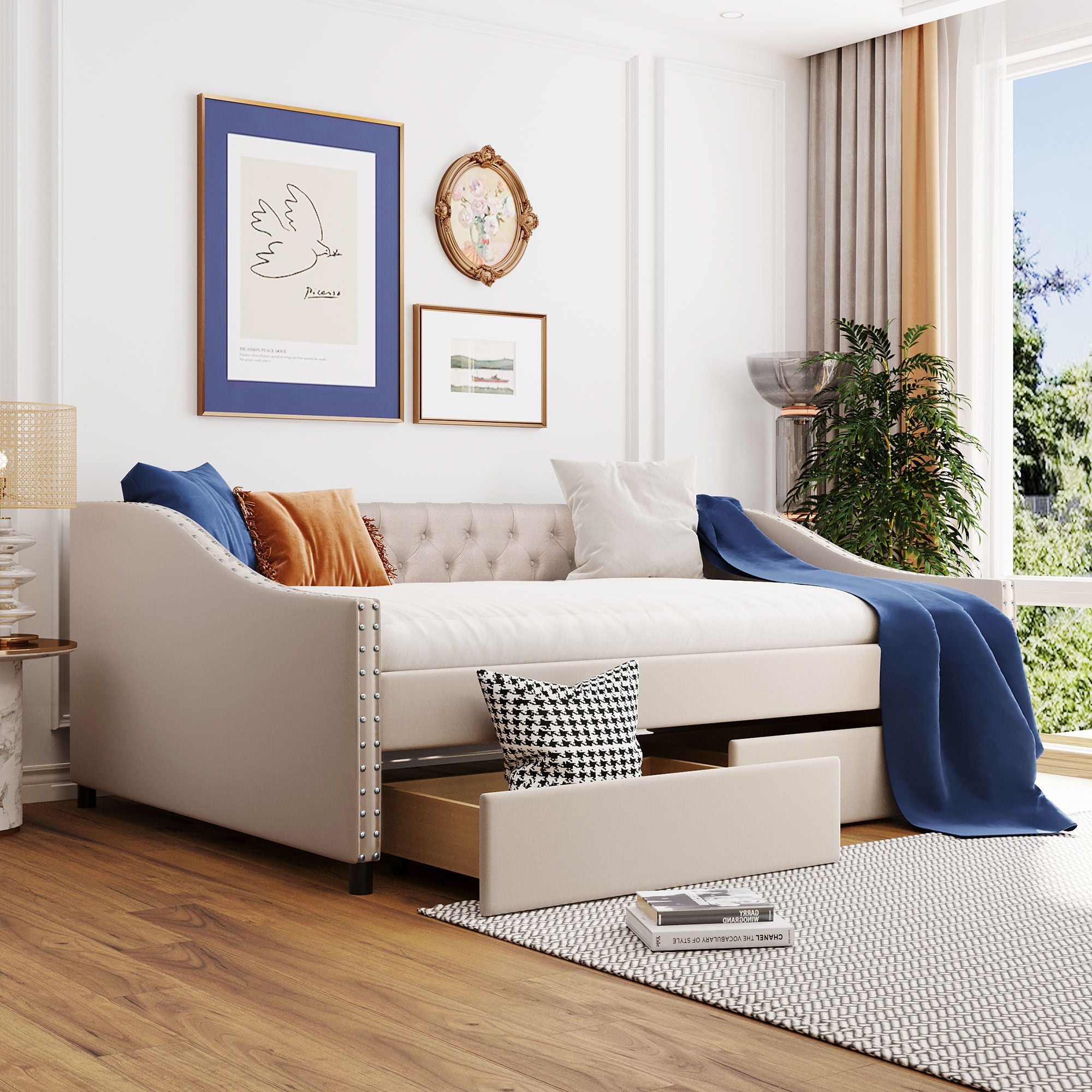 Upholstered Daybed With Two Drawers, Wood Slat Support