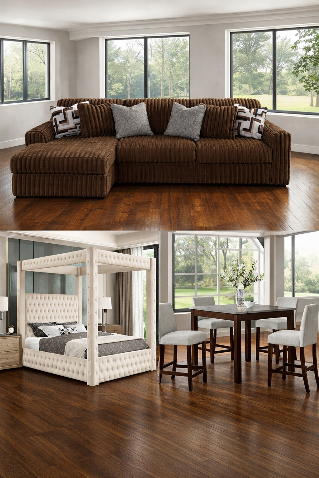 The Bottega Mocha Premiere | Complete 3-Room Package inlcuding 2PCS Sectional Sofa, 5pcs dining set and canopy bed frame