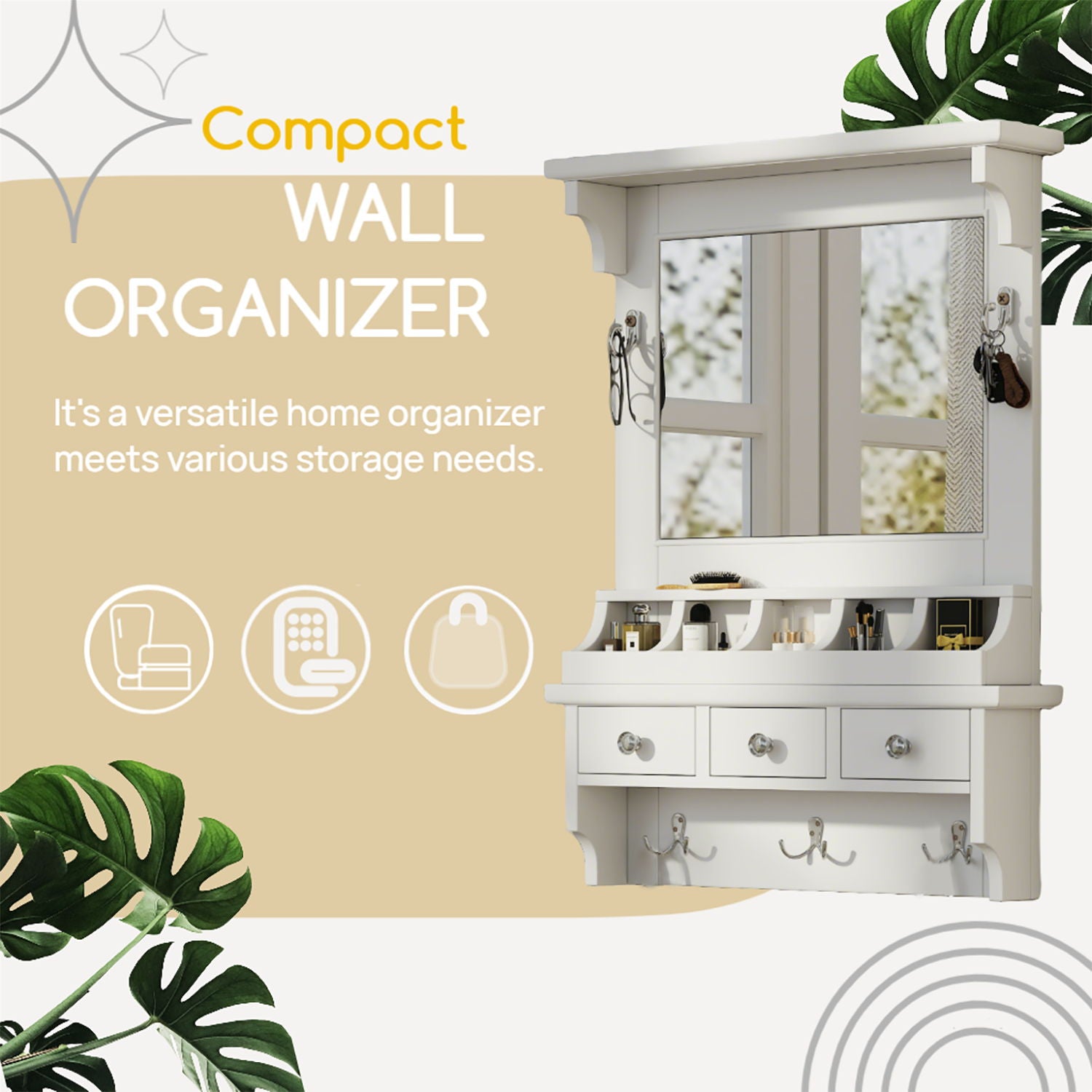 Floating Makeup Vanity With Big Mirror, Wall Mounted Storage Vanity With Drawers, Pockets & Hooks, Space Saving Decorative Home Organizer - White
