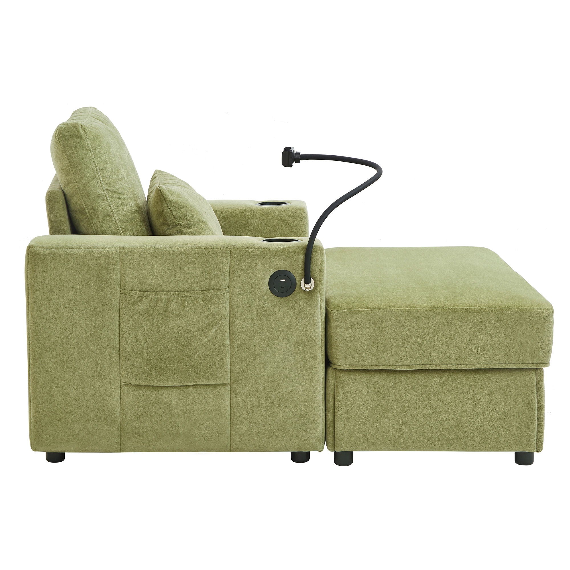 Modern Style Armchair Chaise Lounge Sofa Couch With Movable Storage Ottoman, USB Ports, Cup Holders, Phone Holder, Side Pockets