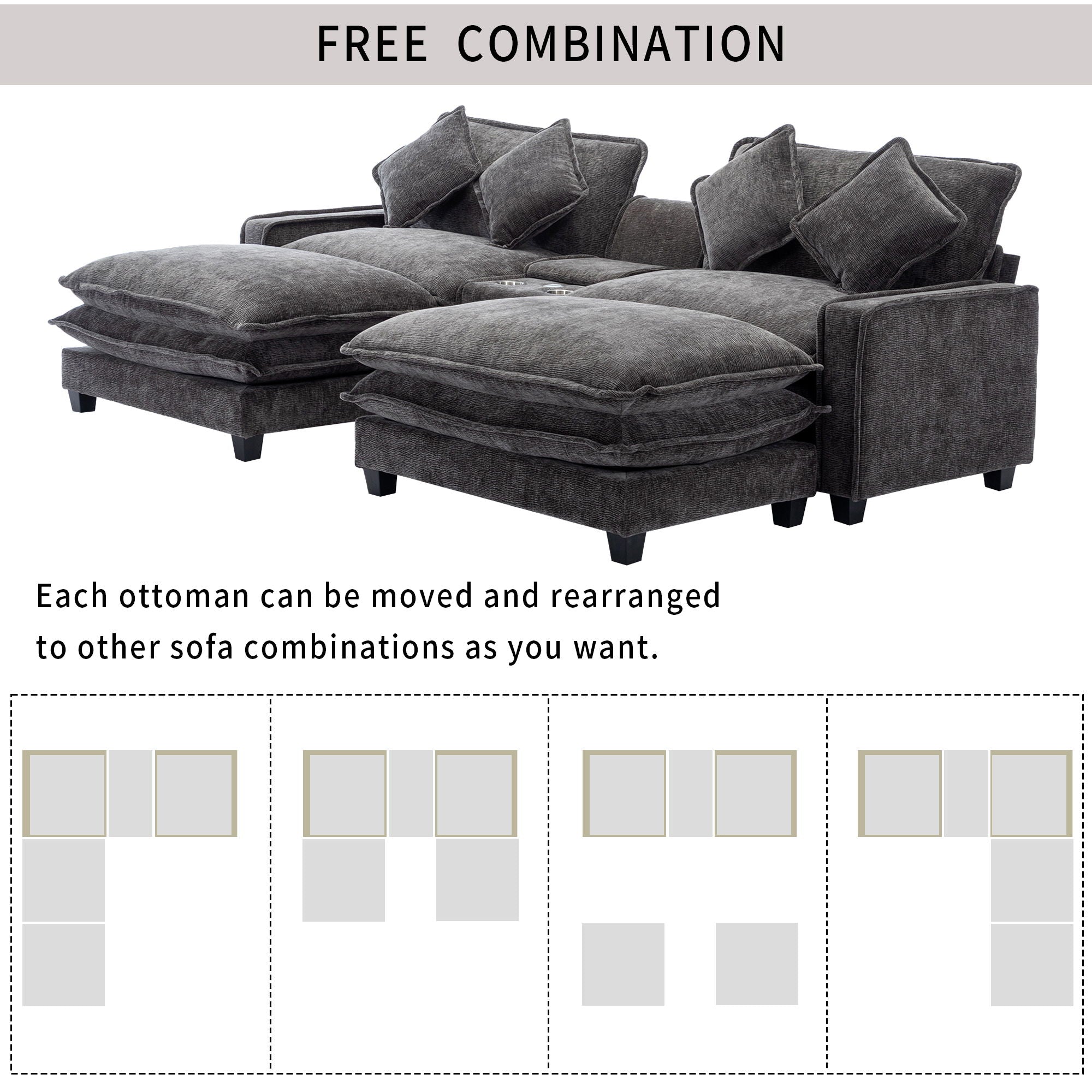 Sectional Sofa Upholstered Sofa With Two Removable Ottoman, Two USB Ports, Two Cup Holders And Large Storage Box For Living Room