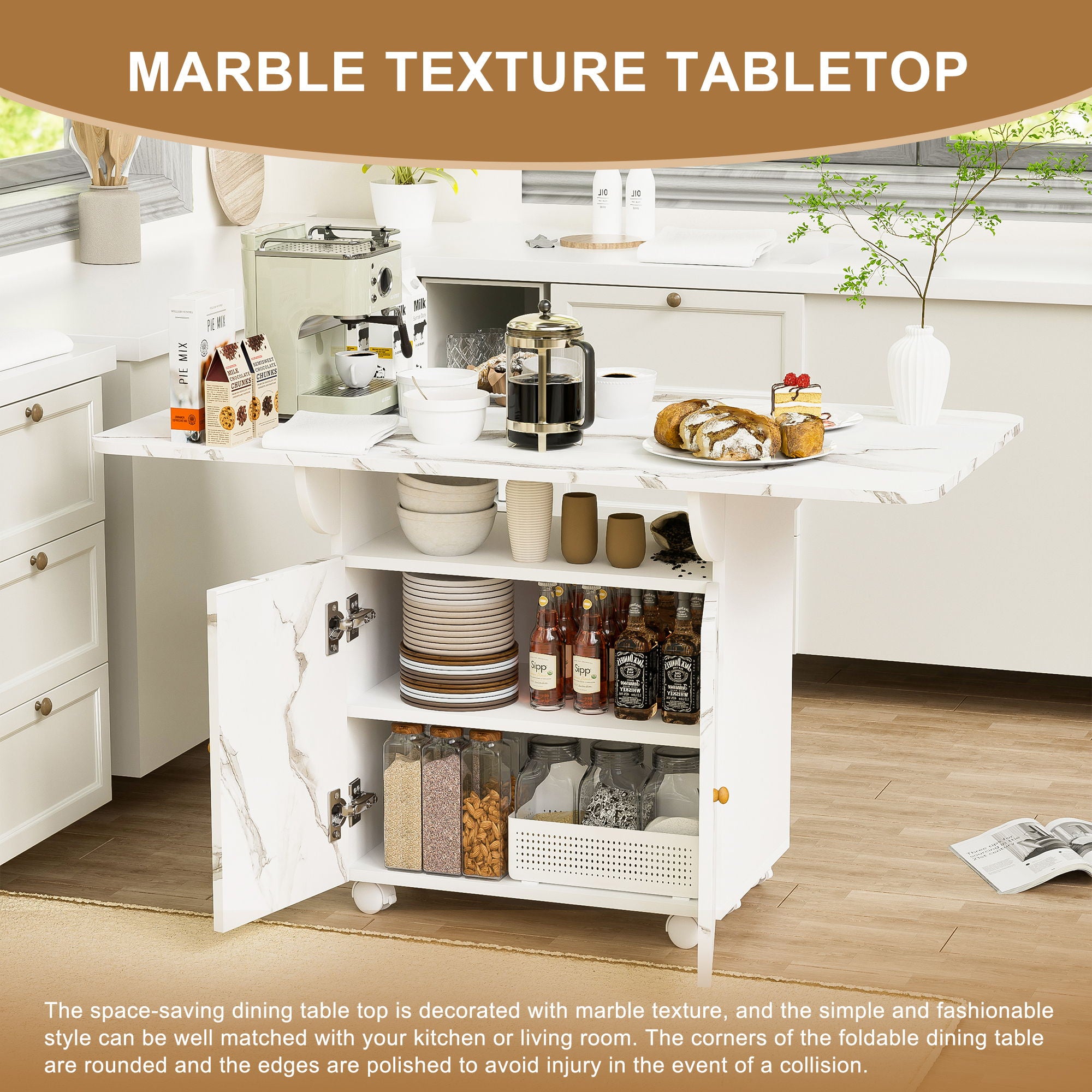 Versatile Marble Folding Dining Table With Storage Rack And Cabinet, 6 Wheels - White