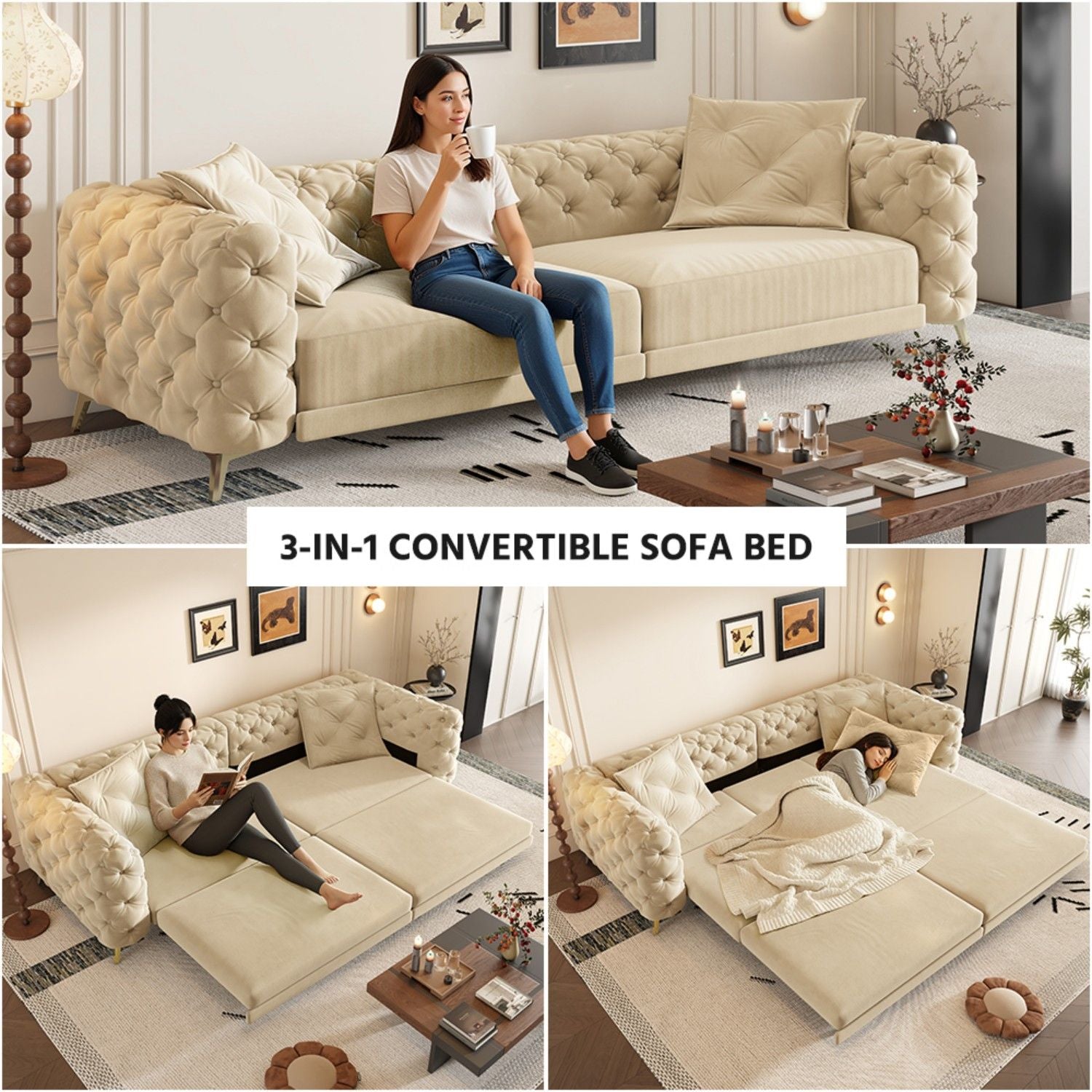3 In 1 Convertible Sleeper Sofa, Pull Out Bed, Button Tufted, 4 Seater Couch With Movable Ottoman For Apartment - Apricot