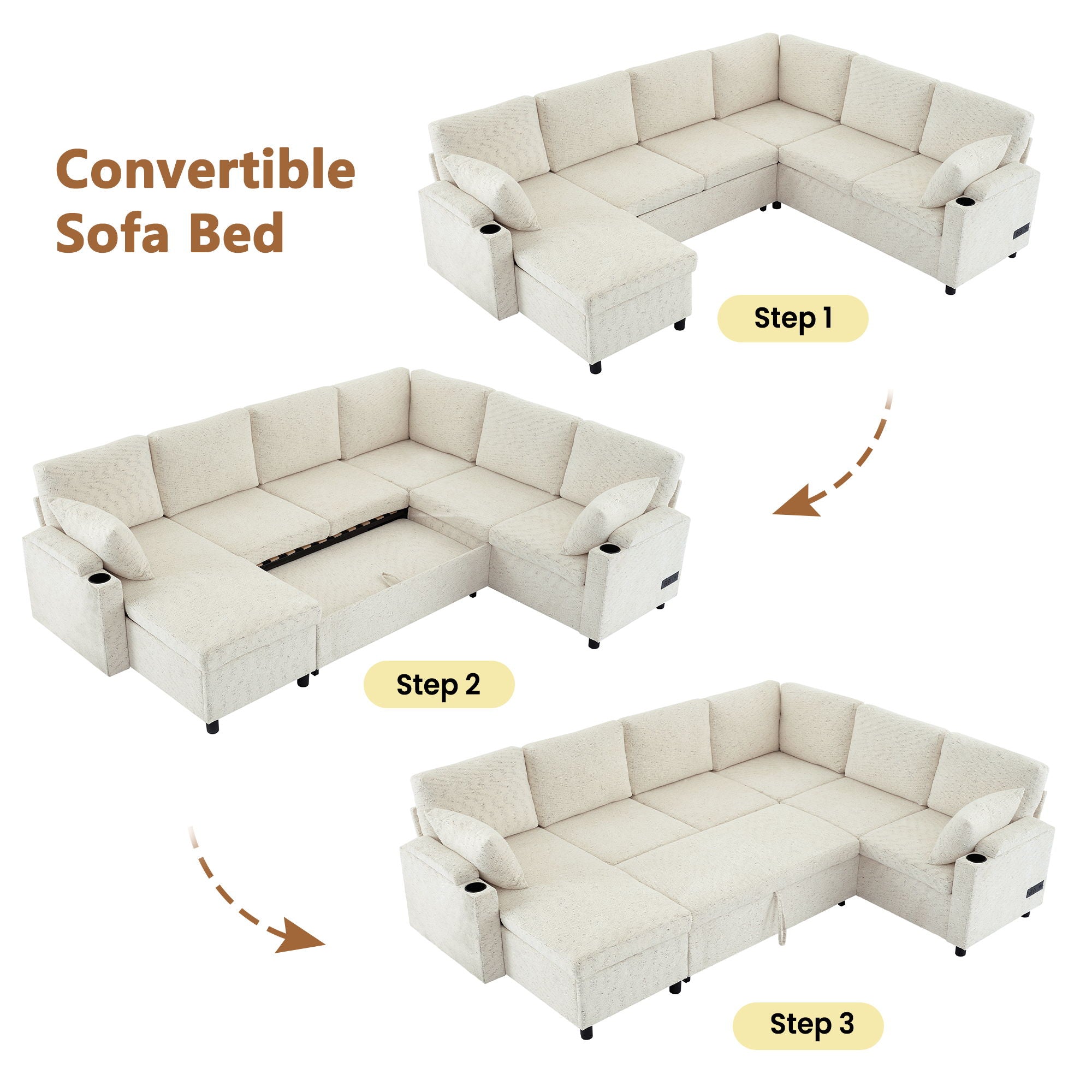 U-Shaped Sectional Sleeper Sofa With Ample Storage Space, 2 Cup Holders And Charging Ports For Living Room