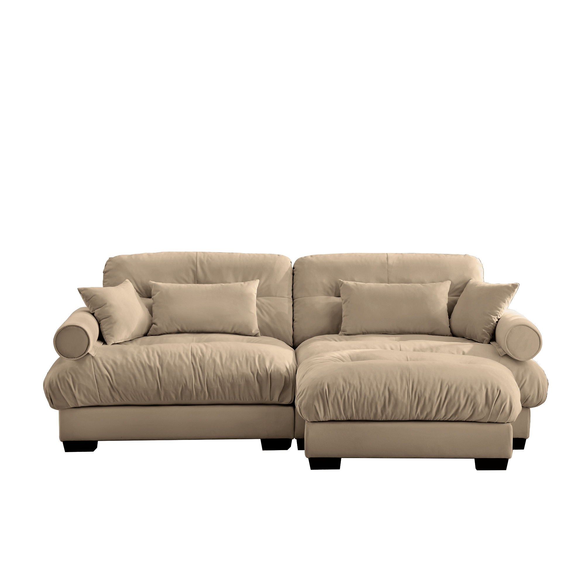 Modern Sectional Sofa With Ottoman, Round Bolster Armrests, Waist And Throw Pillows