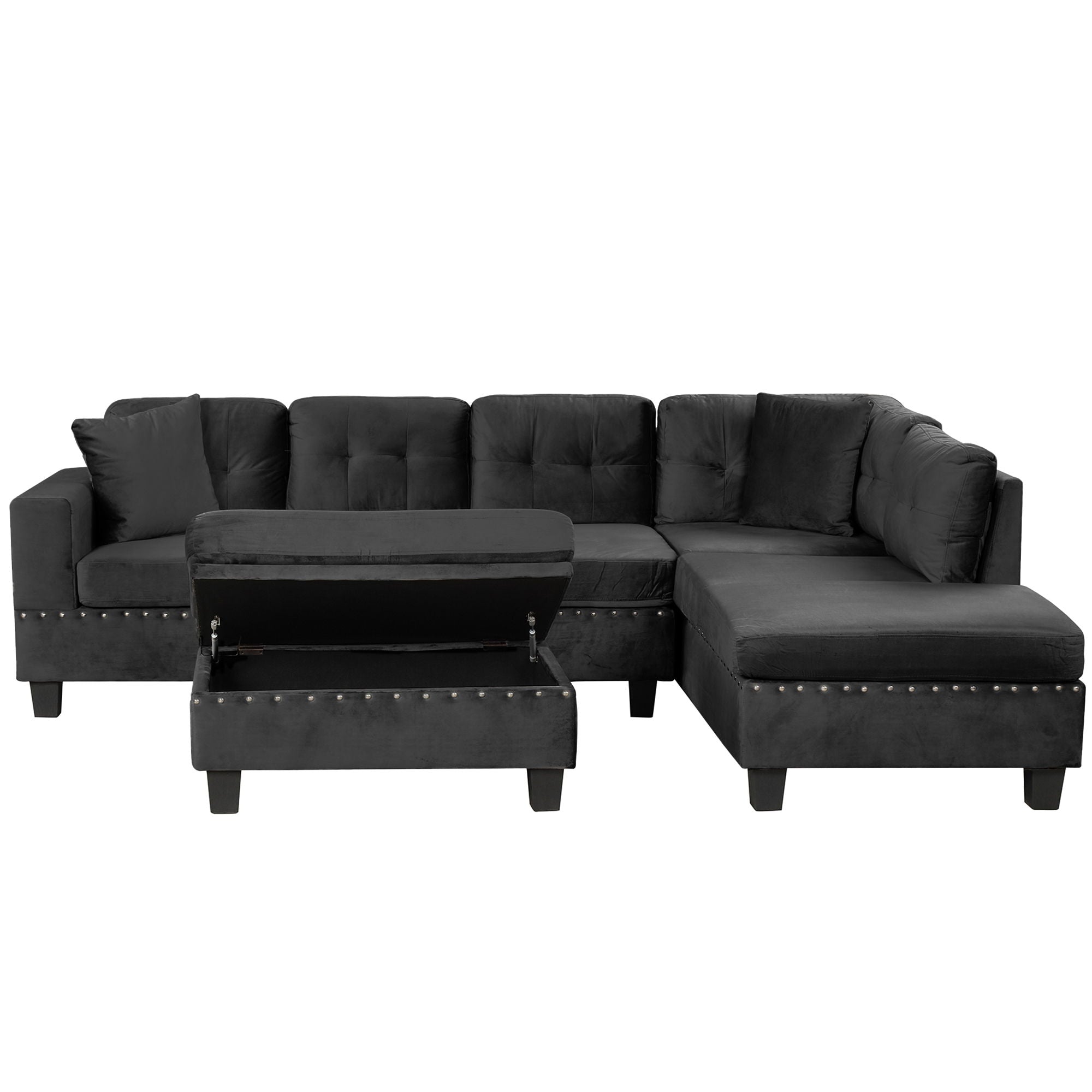Modern Sectional Sofa With Storage Ottoman, L - Shape Couch With 2 Pillows And Cup Holders