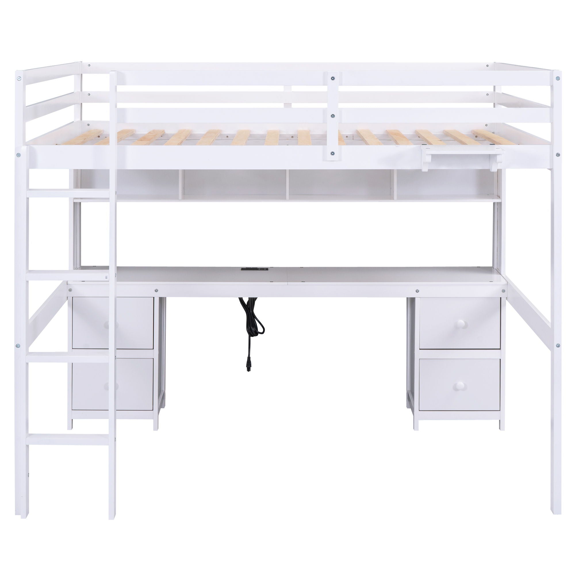 Loft Bed With Desk, Cabinets, Drawers, Charging Station And Bedside Tray