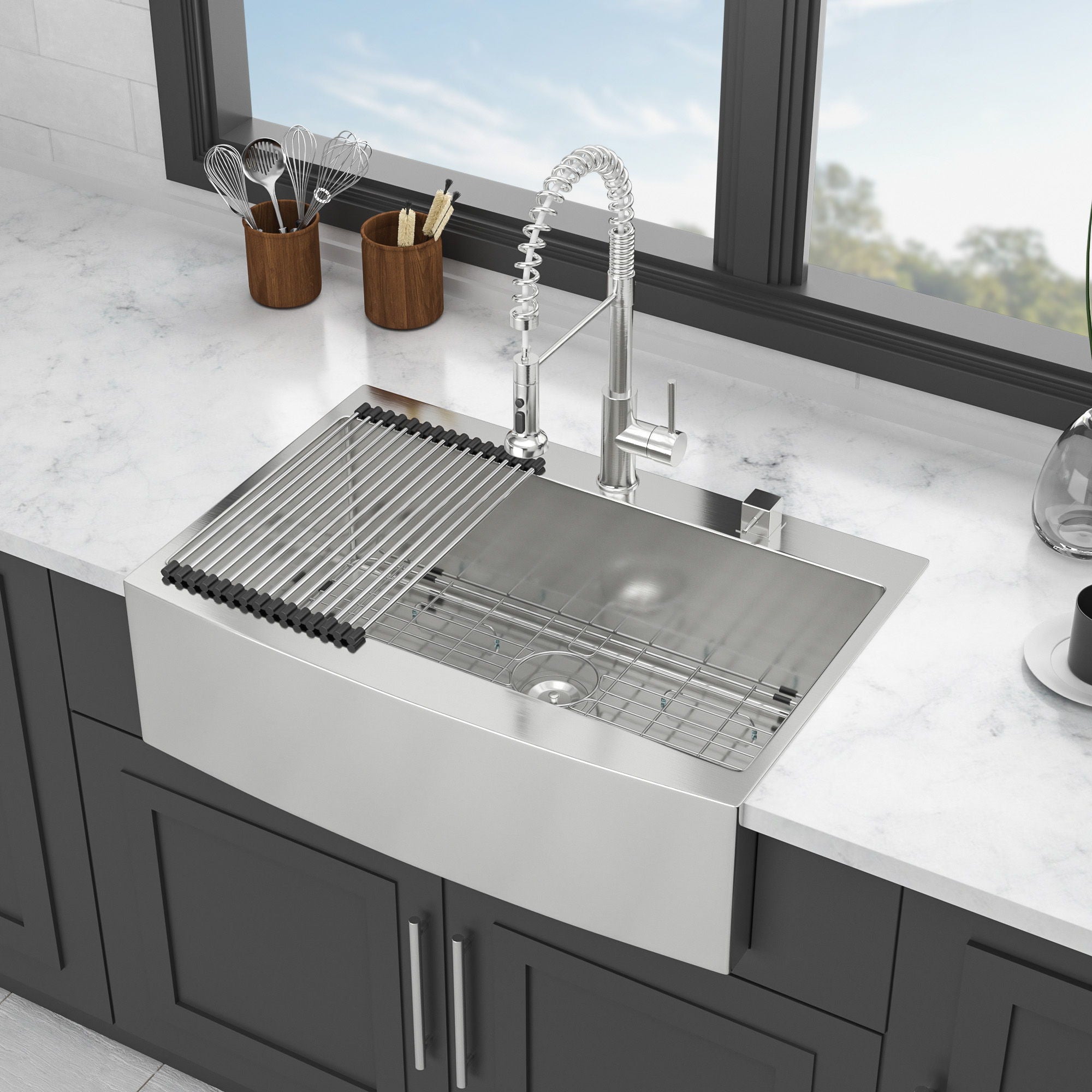 Farmhouse Style Topmount Apron Front Kitchen Sink With Easy Maintenance In Stainless Steel - Black