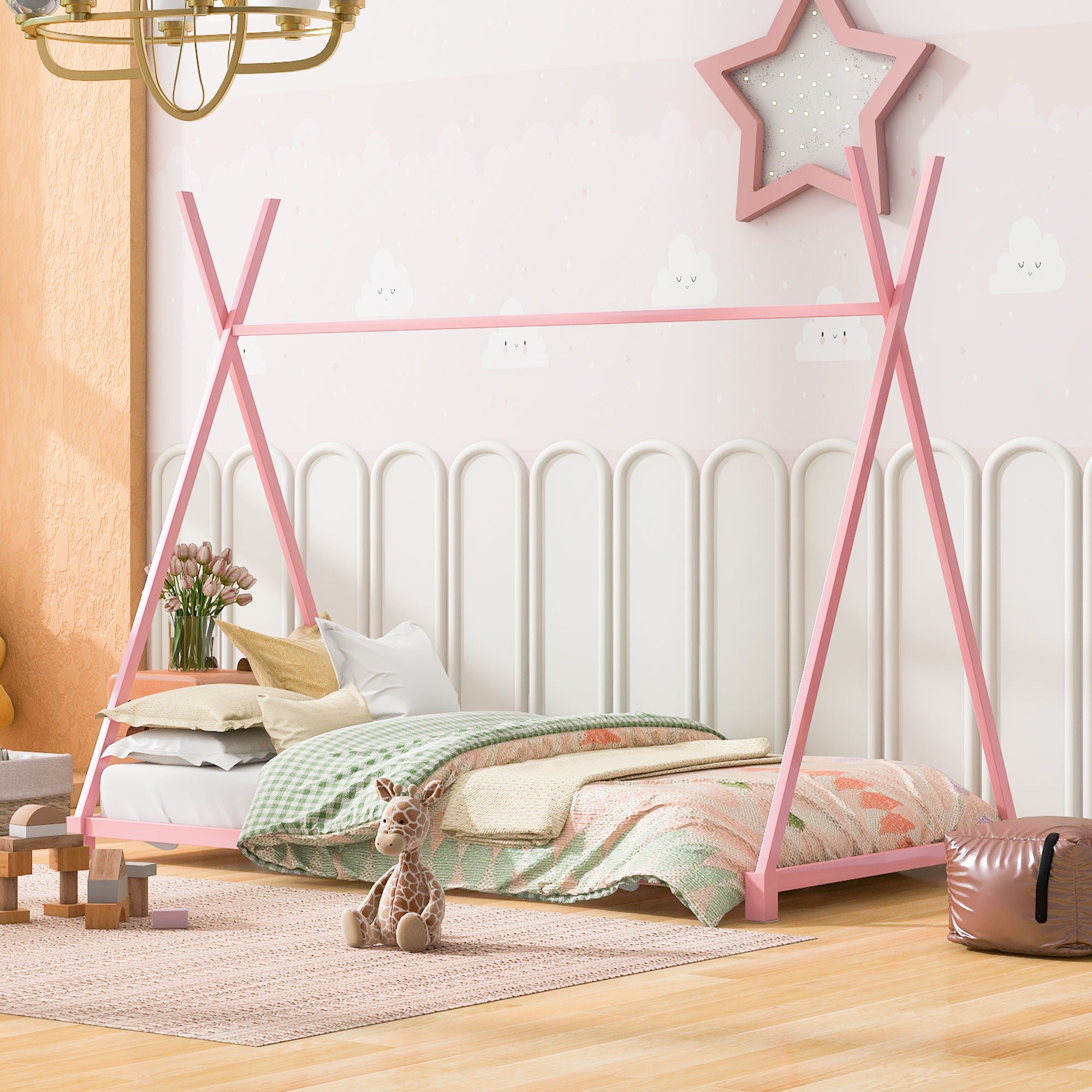 Metal House Platform Bed With Triangle Structure, Low Profile Design