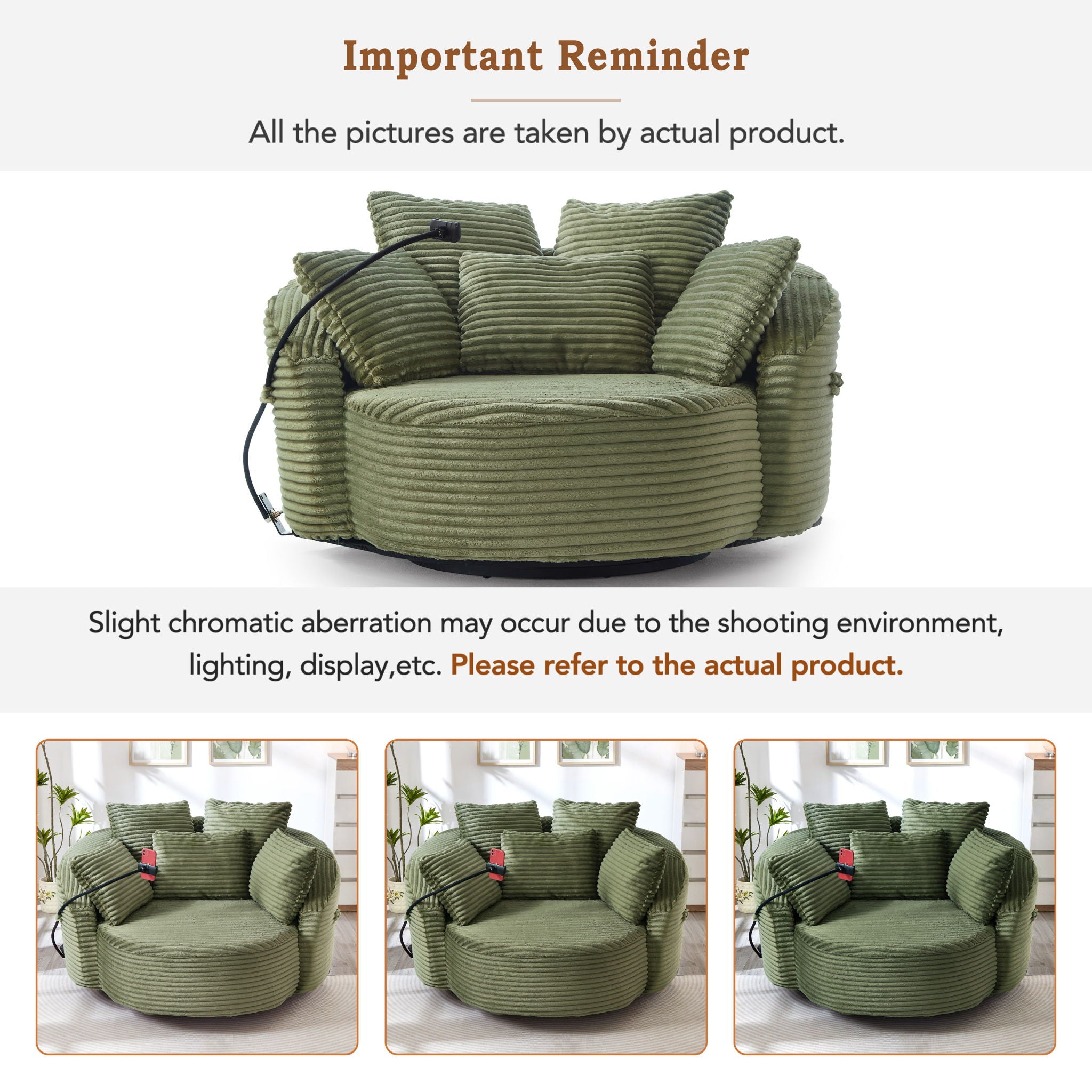 Swivel Accent Barrel Chair With Adjustable Phone Holder, 5 Pillows For Living Room