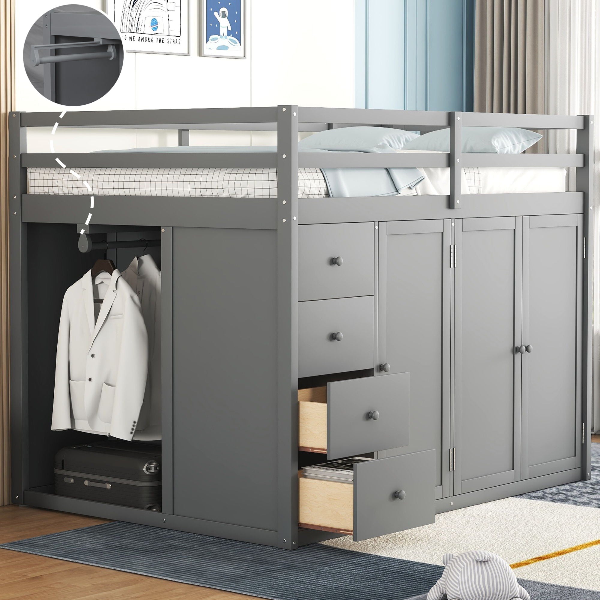 Loft Bed With Built In Wardrobes, Cabinets And Drawers