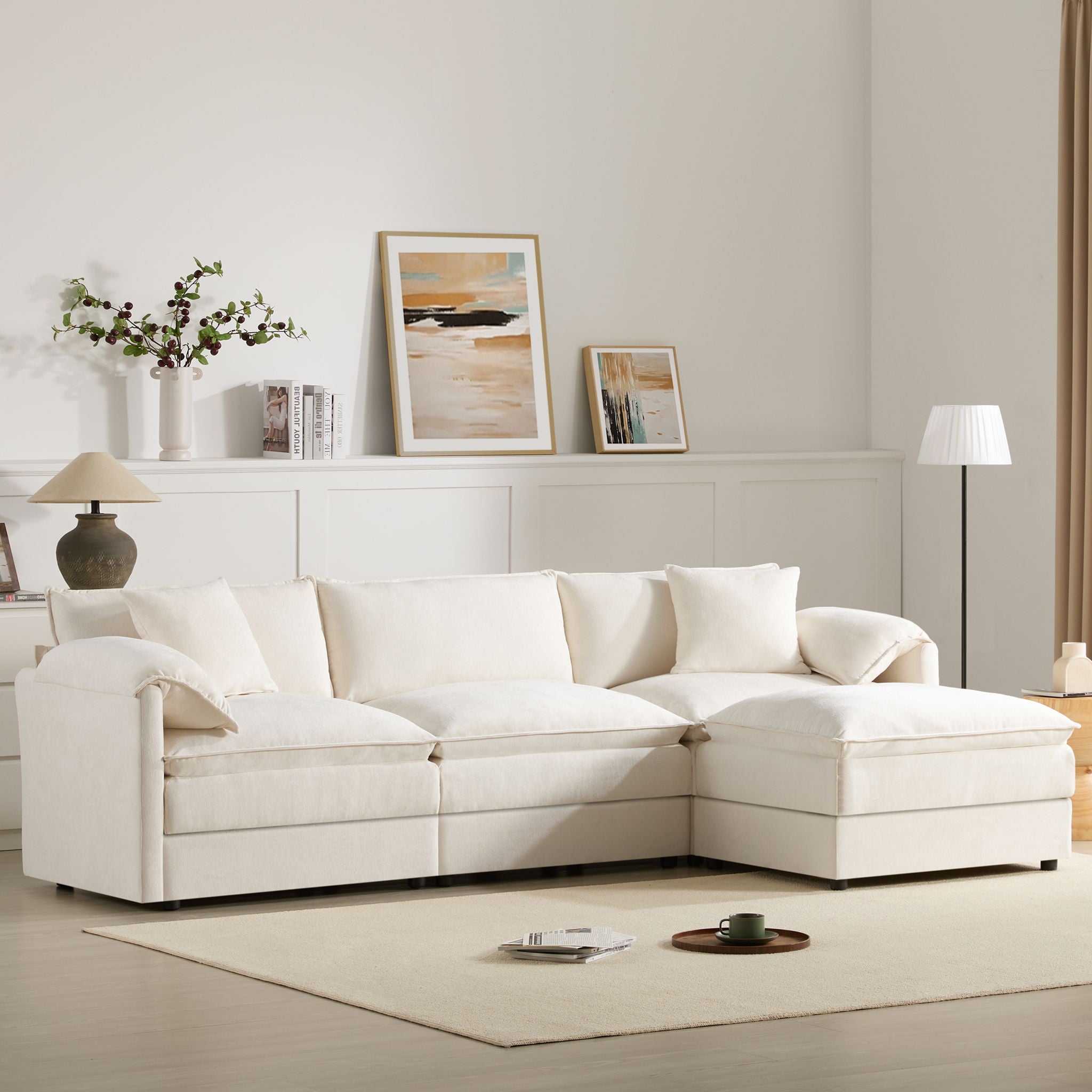 Modular Sectional With Deep And Wide Seat, Cloud Couch Set With Double Cushions Sofa With Movable Ottoman
