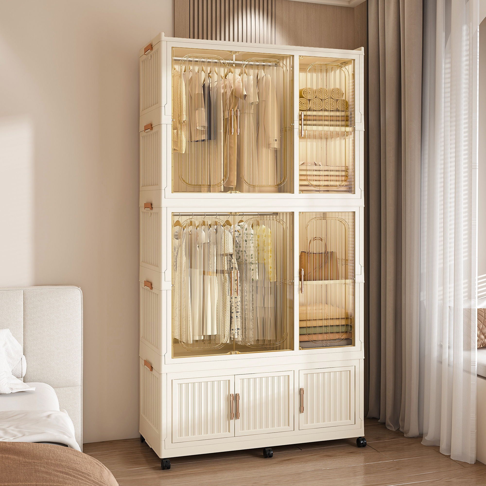 Portable Wardrobe Closet Storage Organizer For Clothes, 9 Magnetic Doors With 9 Cubes & 2 Hanging Rods, 6 Hangers - Cream White