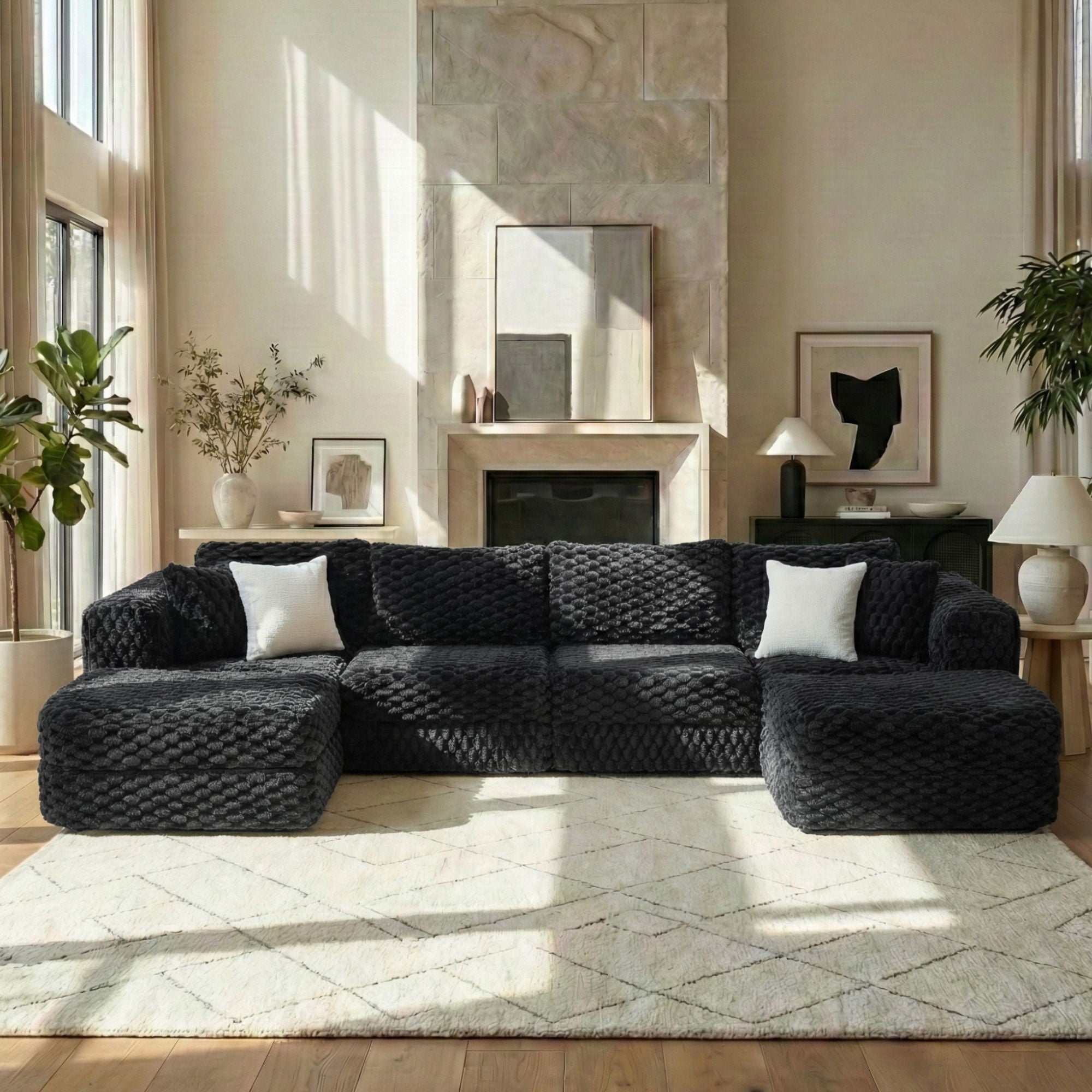 Modular Sectional Sofa, Boneless Couch With 2 Movable Ottomans