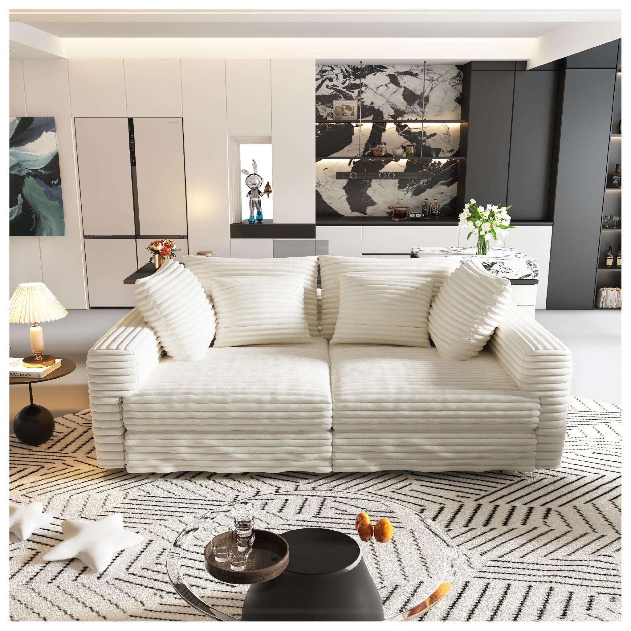 Deep Seat Convertible Sofa With Soft Pillows And Ottomans