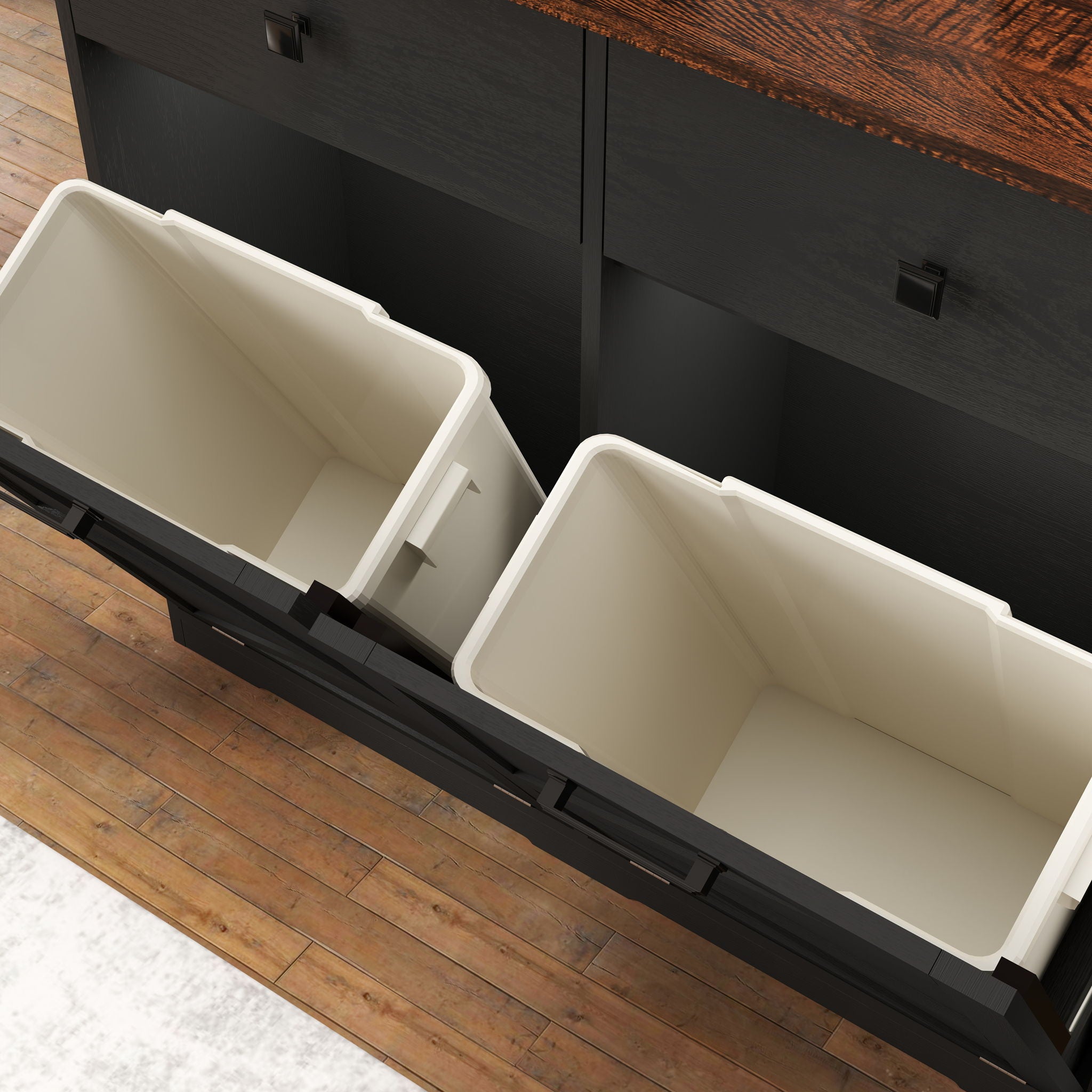 Double Tilt Out Trash Cabinet With Hideaway Drawer And Barn Door Style
