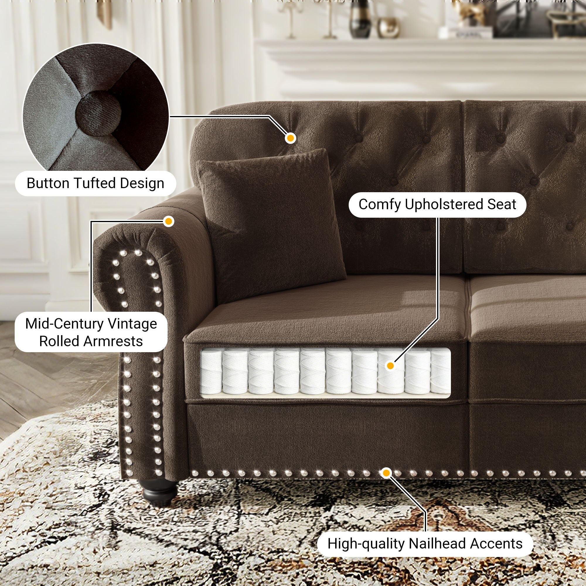 Upholstered 3 Seater Sofa Set With Ottoman