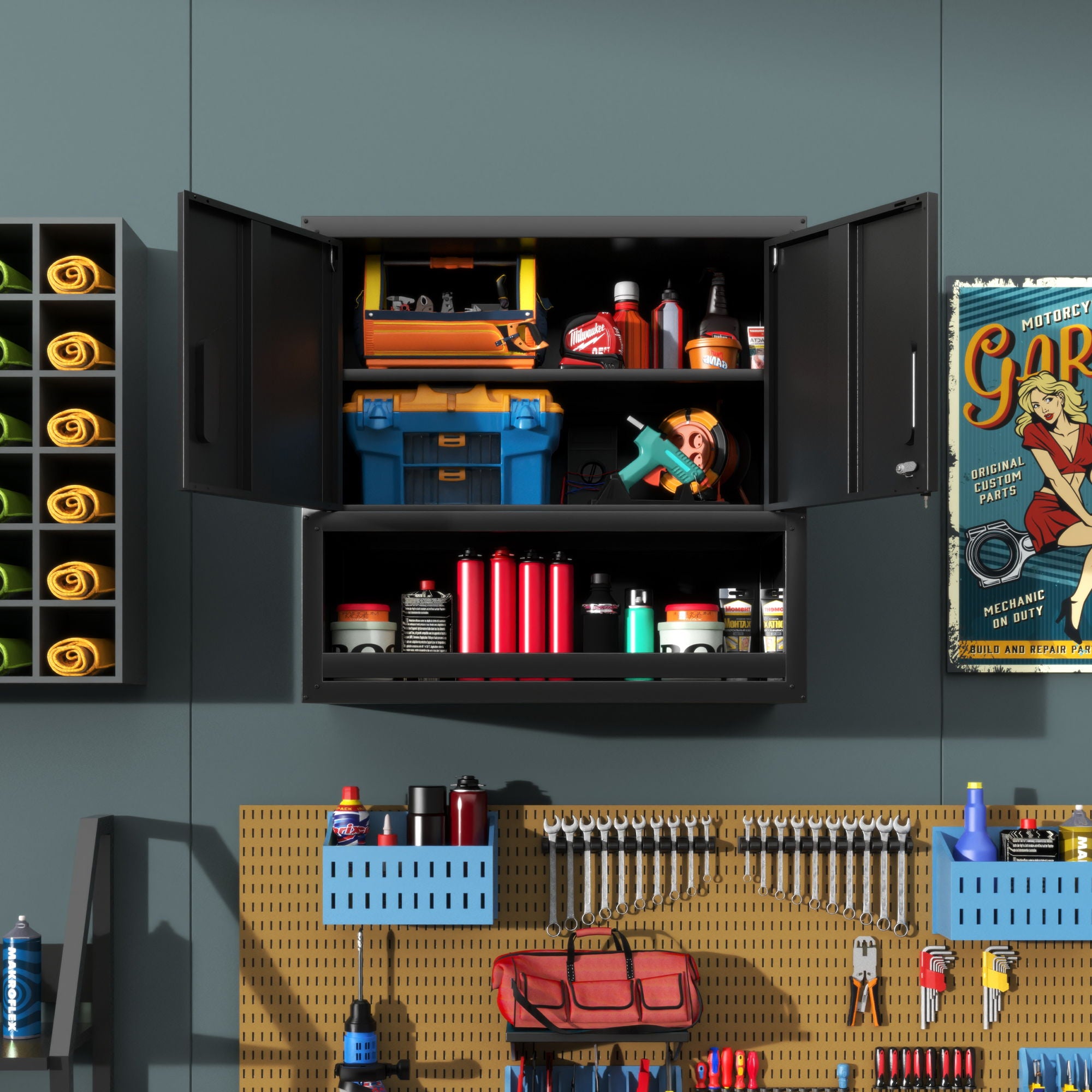 Wall-Mounted Storage Cabinet With Locking Door, 1 Shelf And Open Drawer - Black