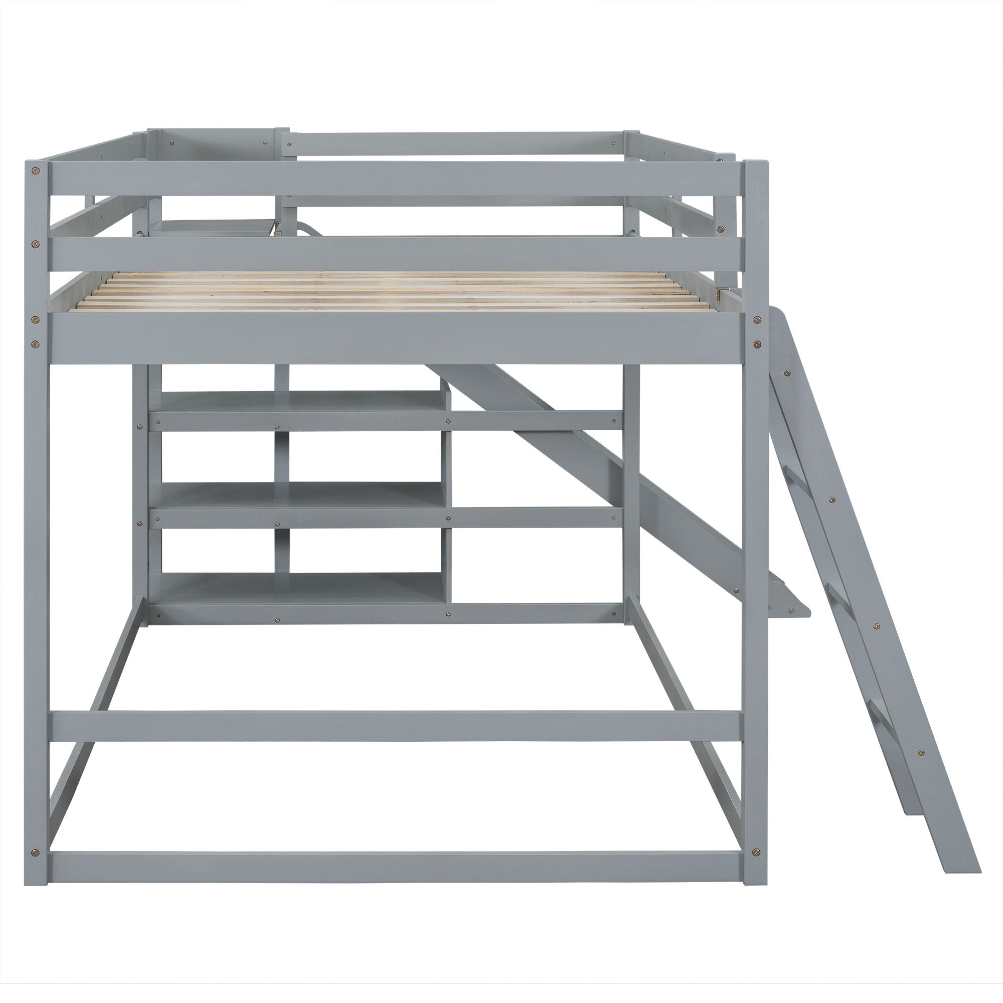 Bunk Bed With Ladder, Slide, And Shelves Pine Wood