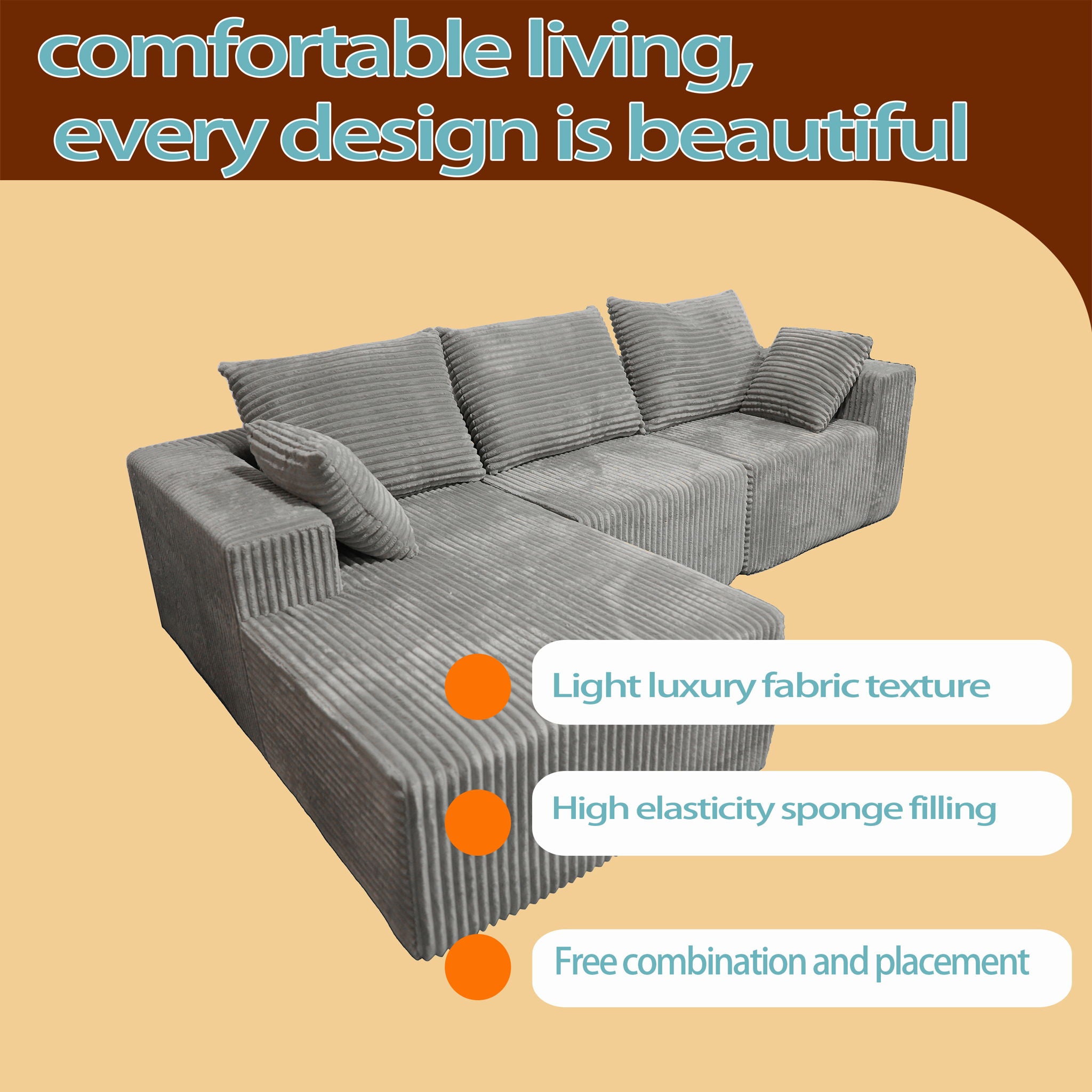 Corner Combination Sofa Sectional Couch With Soft Fabric