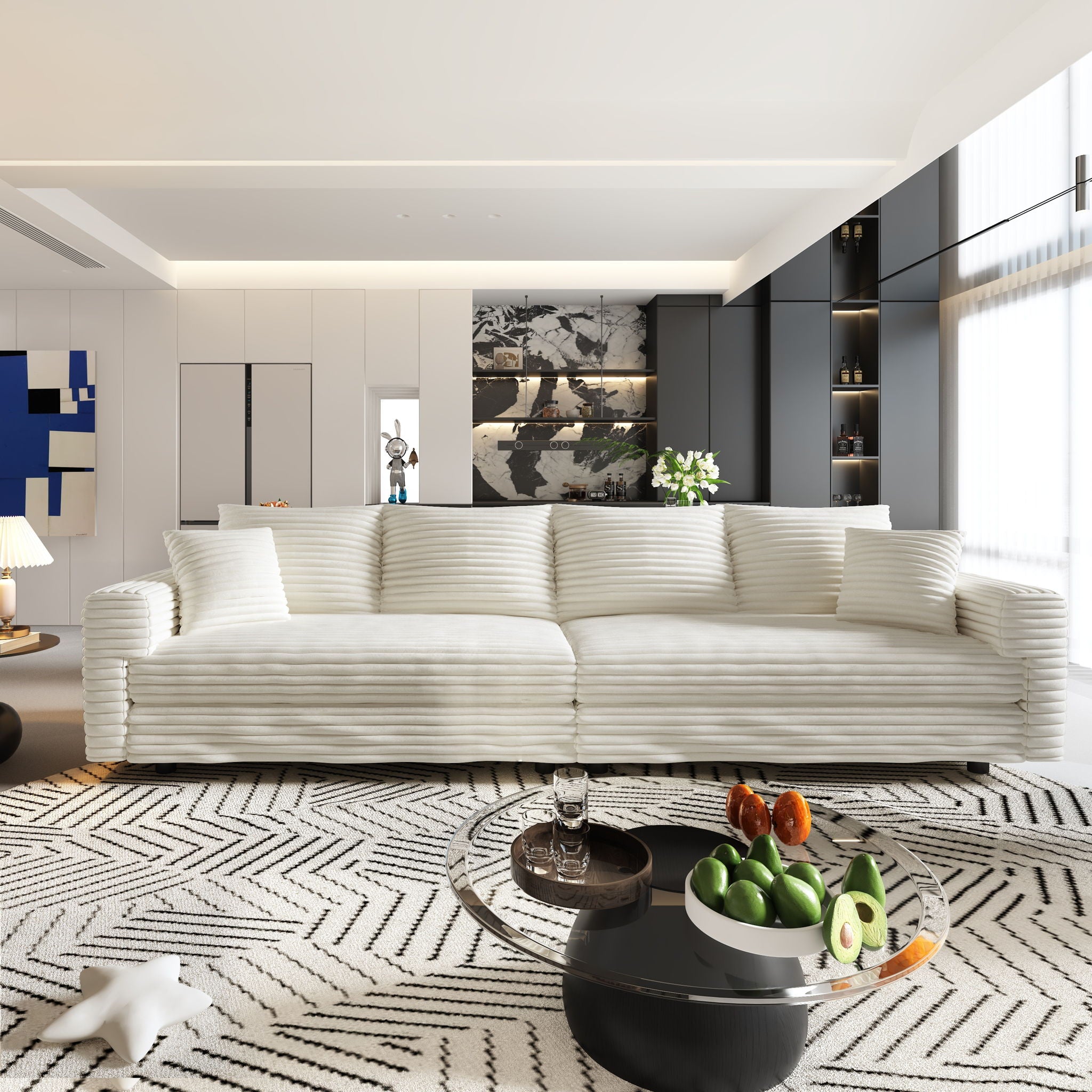 Deep Seat Convertible Sofa With Soft Pillows And Ottomans