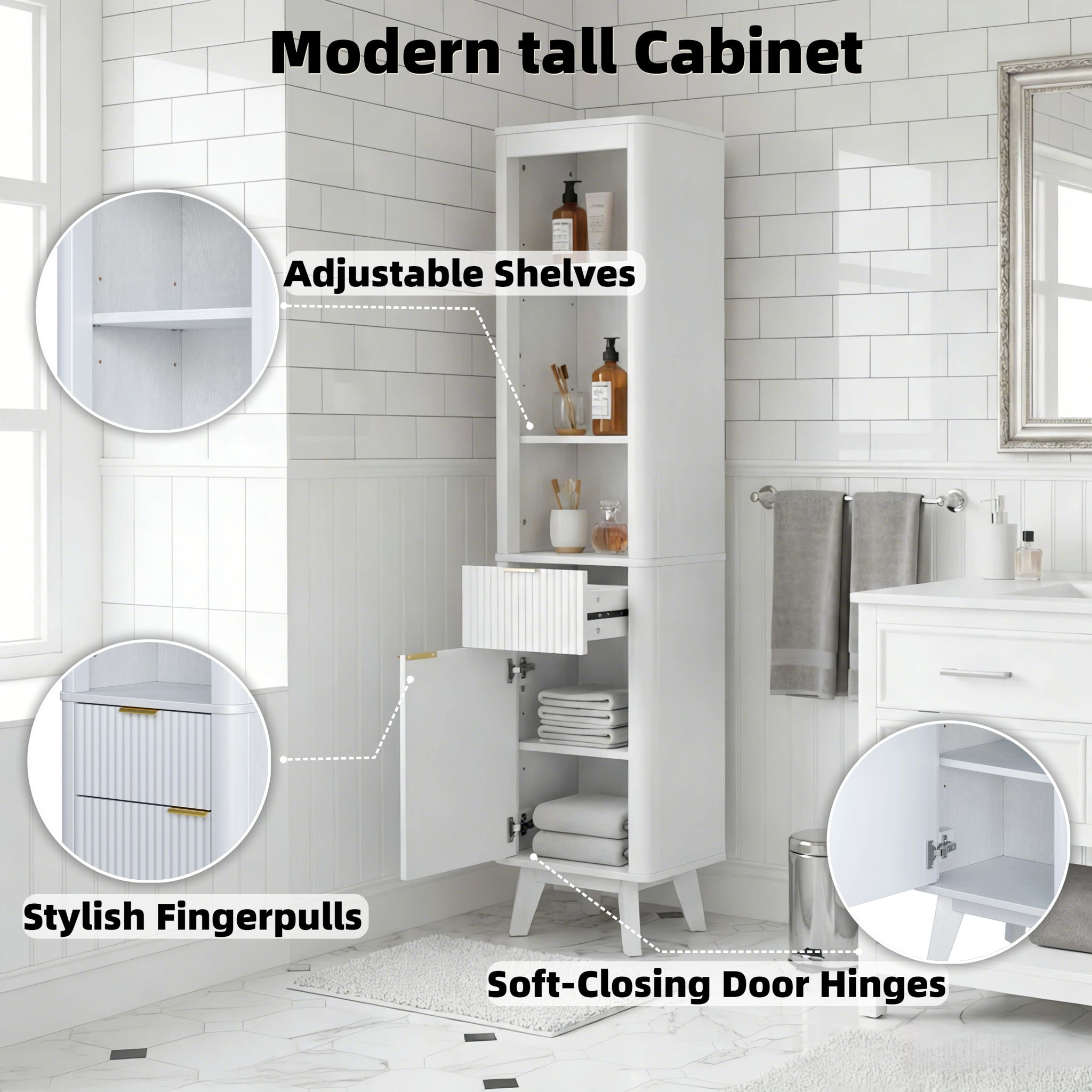 Tall Bathroom Storage Cabinet With Adjustable Shelves And 1 Drawer & Door
