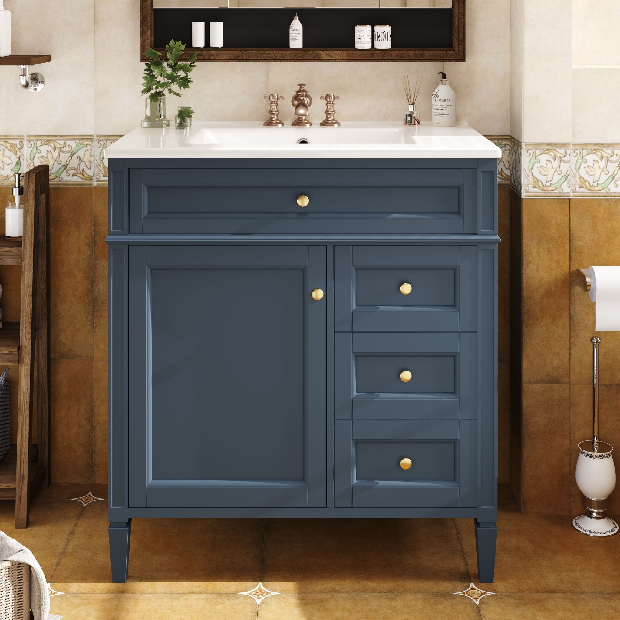 Bathroom Vanity With Top Sink, 2 Drawers & Tip Out Drawer