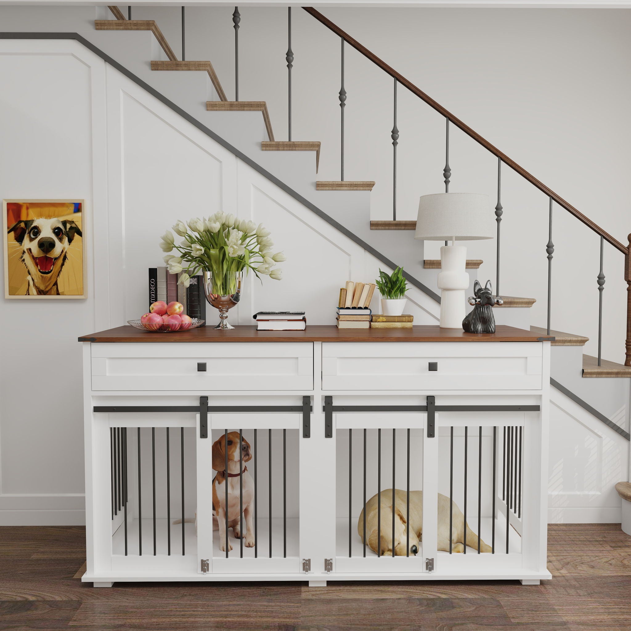 Large Dog Crate, Water Resistant Indoor Pets Furniture Double Dog Crates - Brown White
