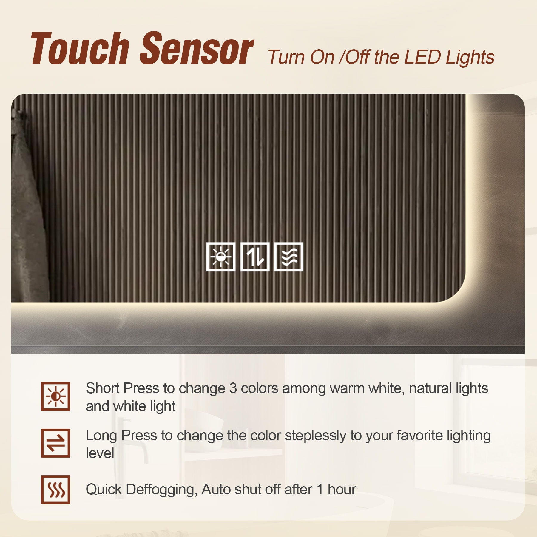 Wall Mounted LED Lighting Mirror With 3 Color Lighting, Dimming, Waterproof, Anti Fog, Touch Switch - Silver