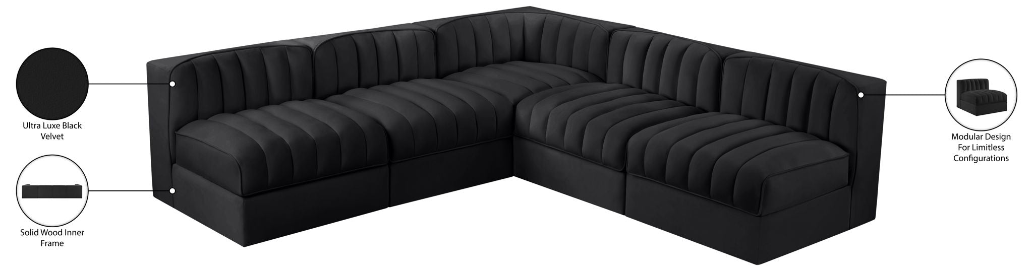 Rummi - Armless Velvet Performance Fabric Upholstered 5 Piece Modular Sectional