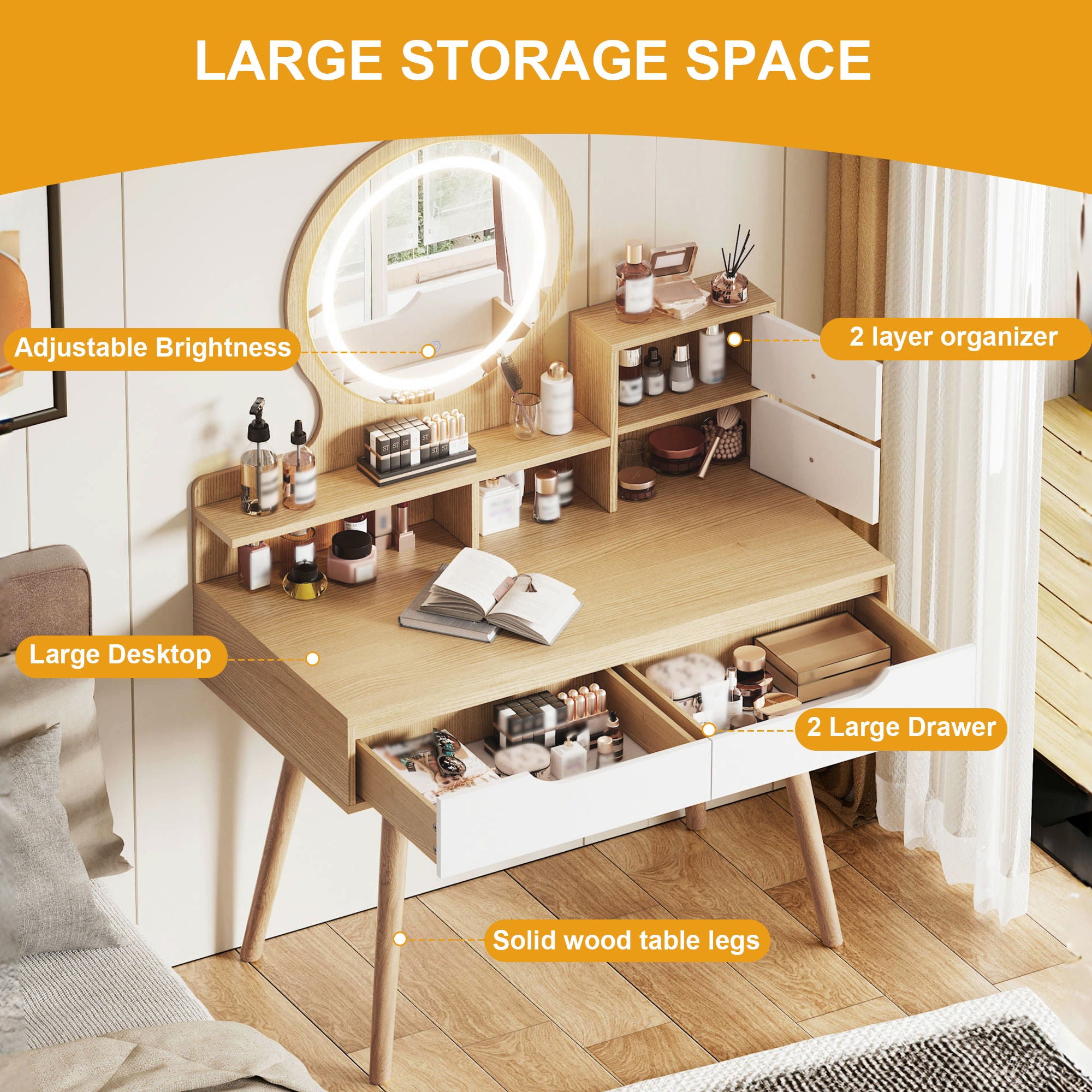 Elegant Makeup Vanity Desk With Adjustable Lighted Mirror Table Feet - American White Oak