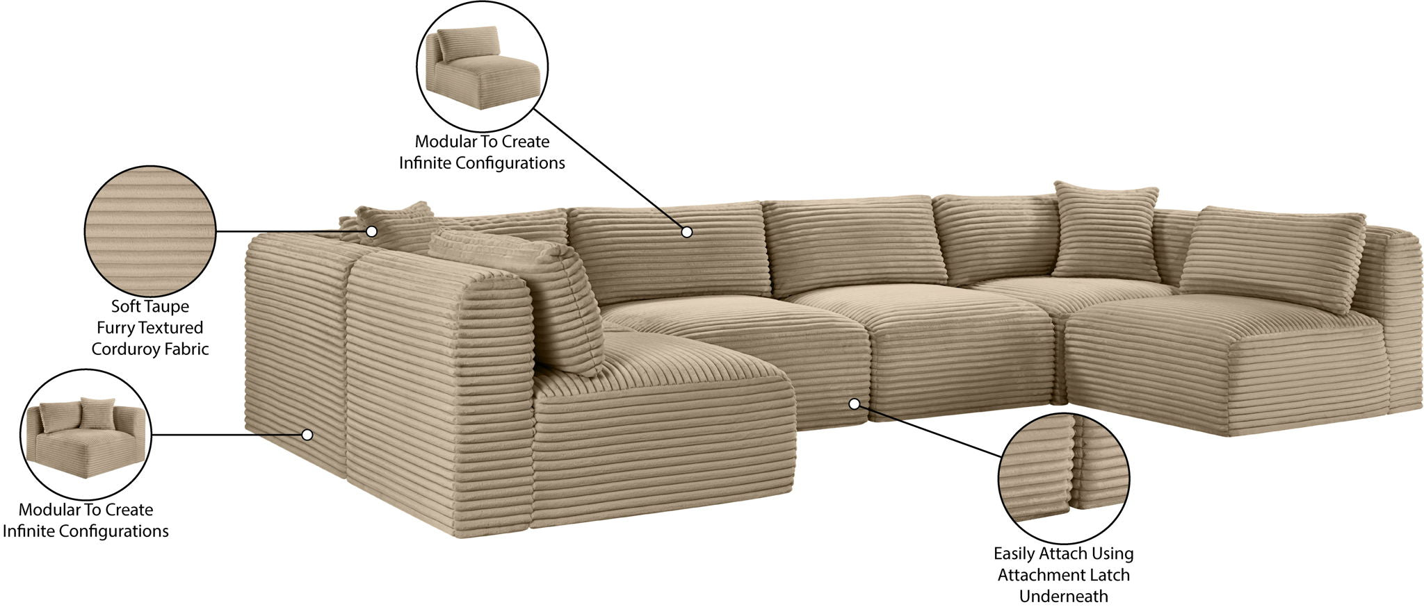 Shaggy - Fabric 6 Piece Modular U-Shaped Armless Sectional