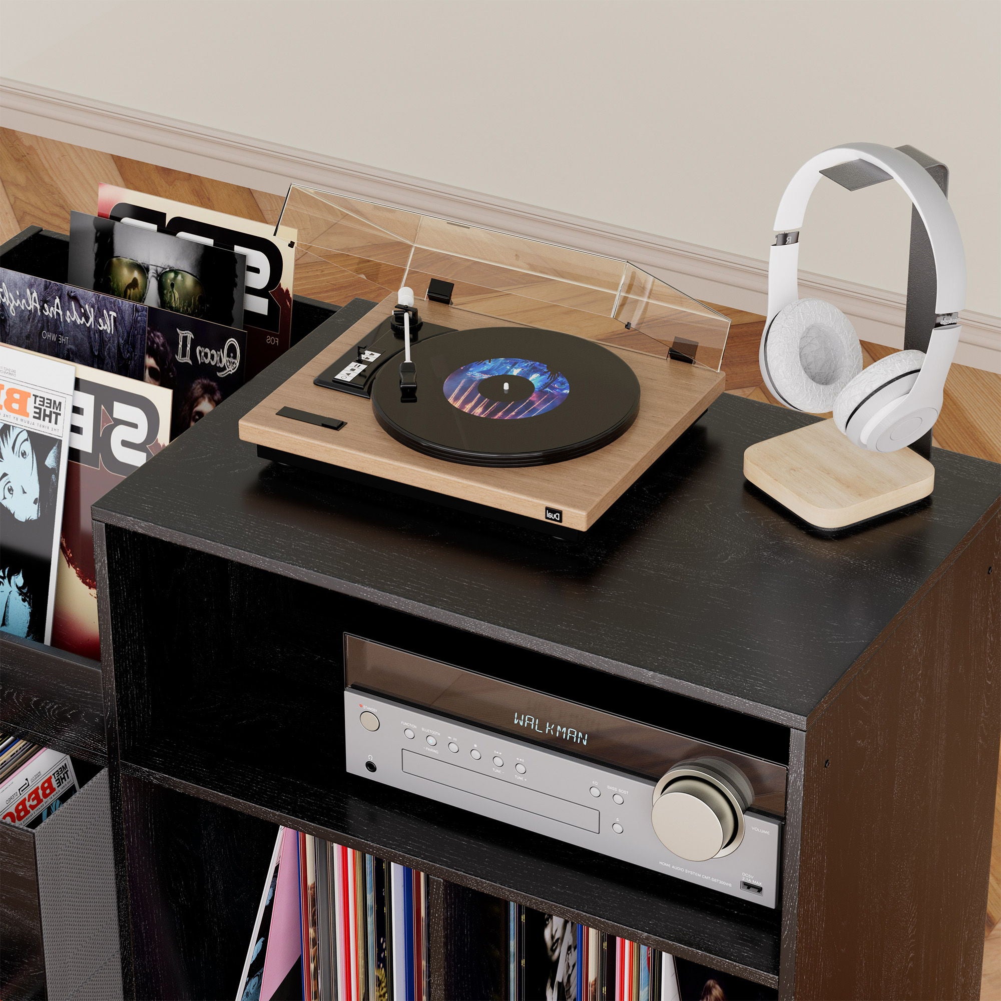 Grain Record Player Stand, Media Console With Speaker Shelf & 2 Drawers