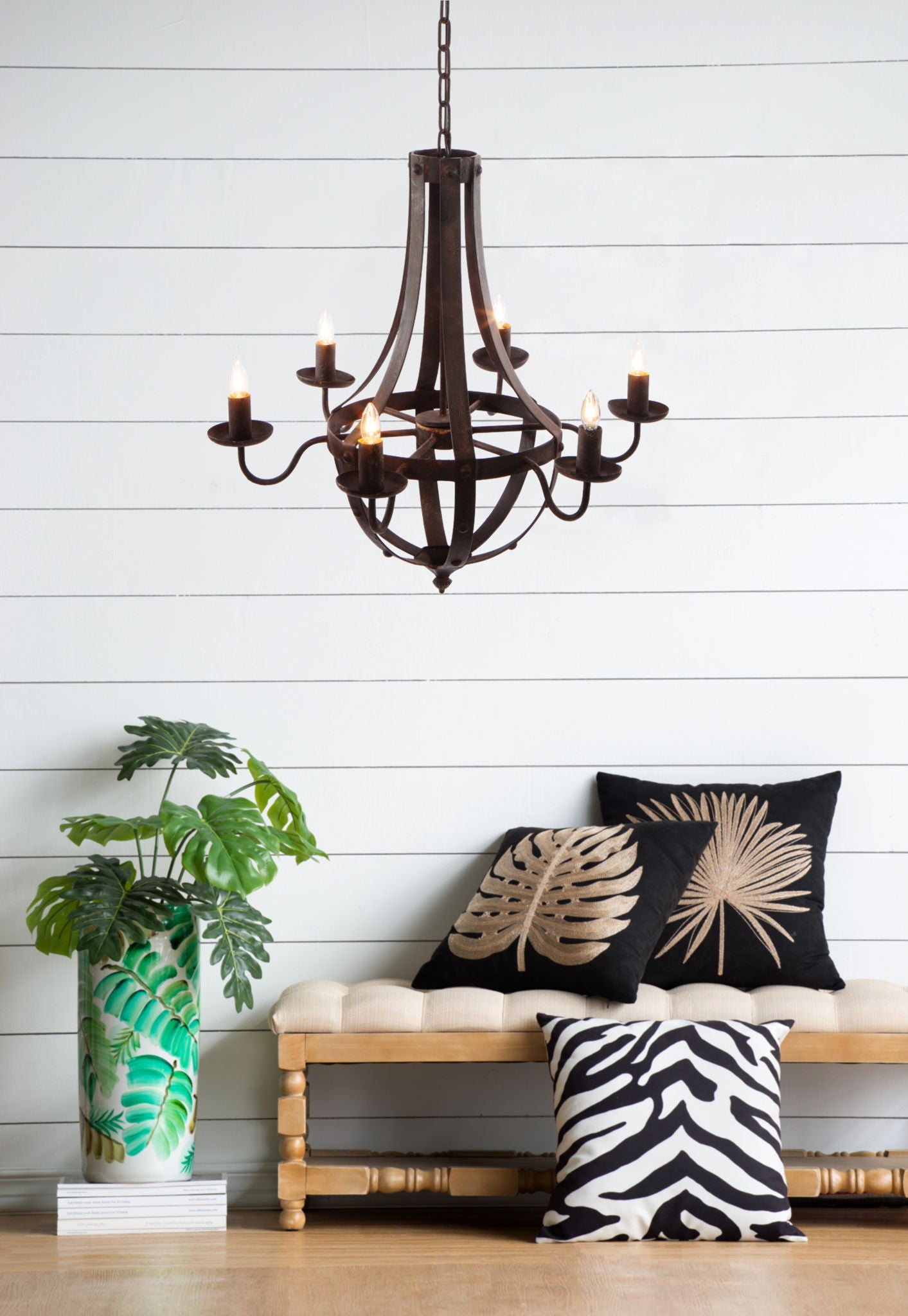 6 Light Metal Chandelier, Hanging Light Fixture With Adjustable Chain For Kitchen, Bulb Not Included - Black