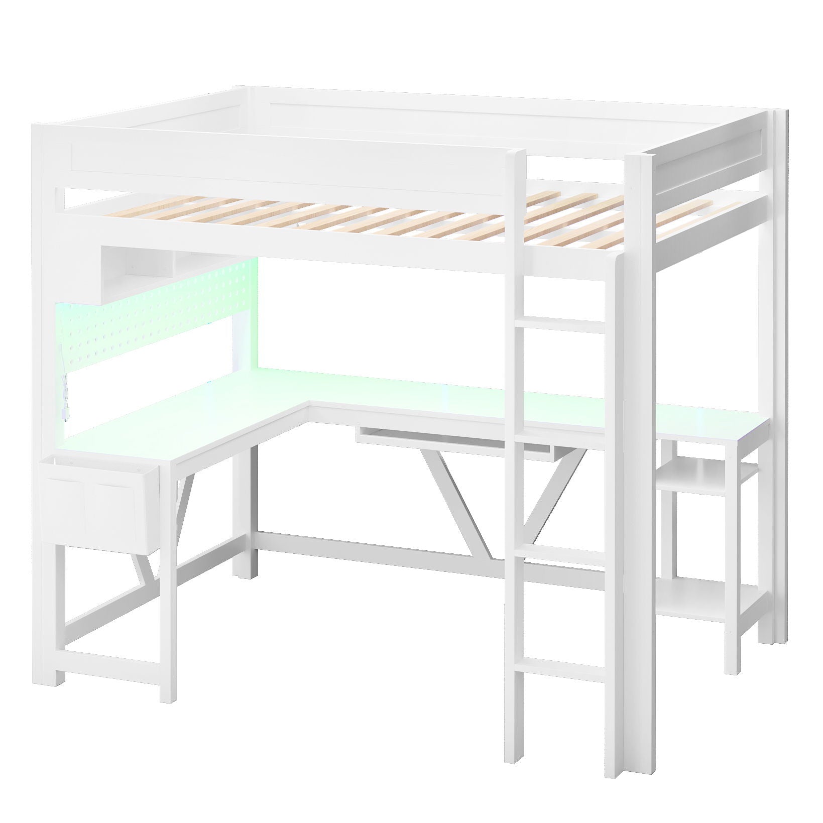 Gaming Loft Bed With Desk, Storage Shelves, LED And Charging Station