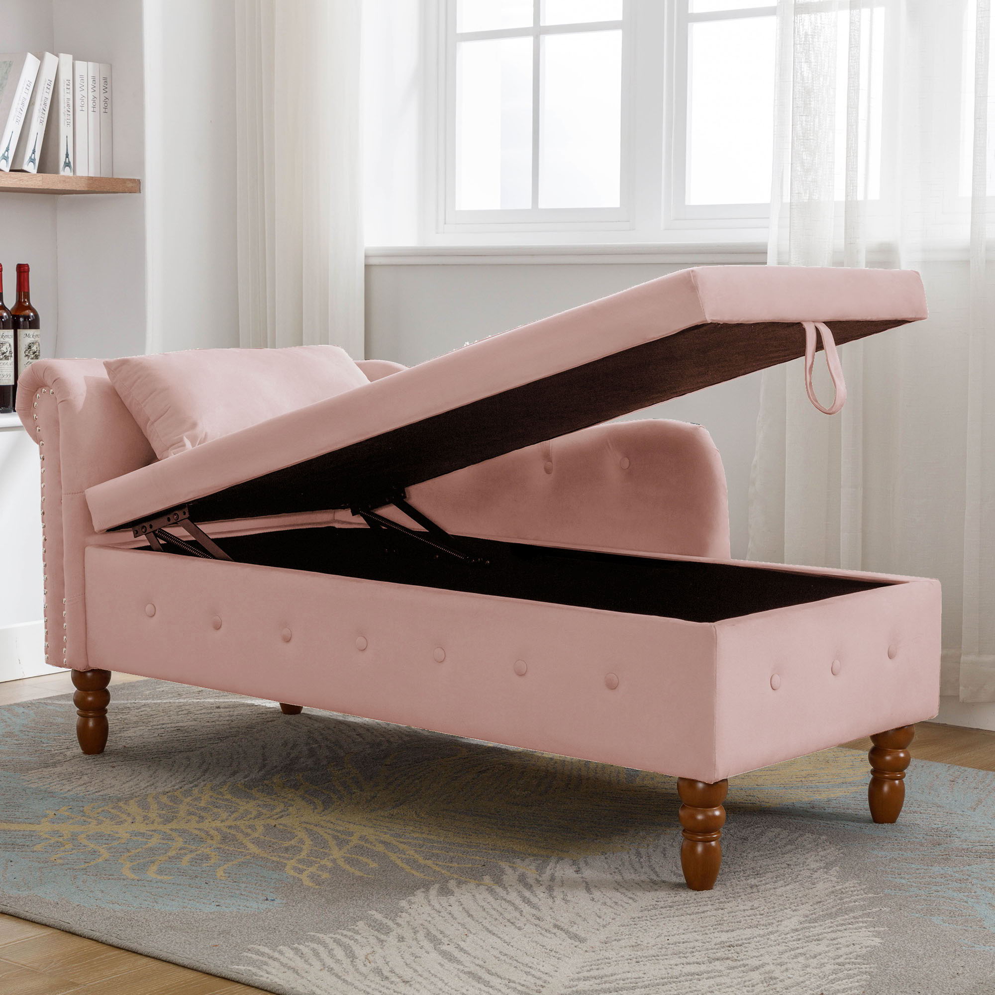 Chaise Lounge Indoor, Lounge Chair For Bedroom With Storage & Pillow, Modern Upholstered Rolled Arm Chase Lounge For Sleeping With Nailhead Trim For Living Room Bedroom Office