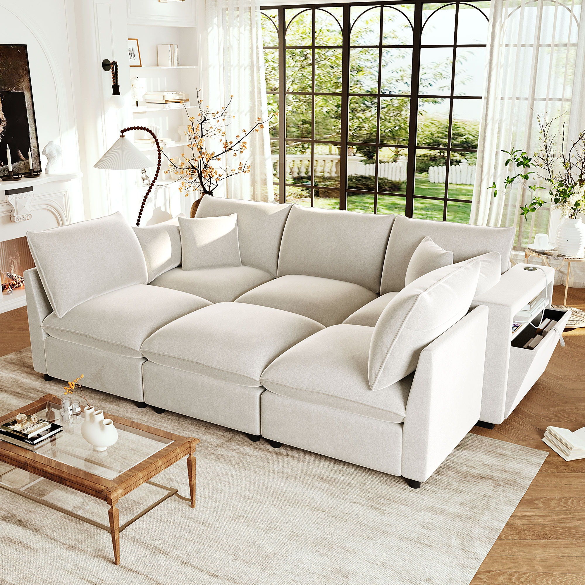Modern Sectional Sofa U-Shaped With Movable Ottoman Storage Armrests And USB Ports