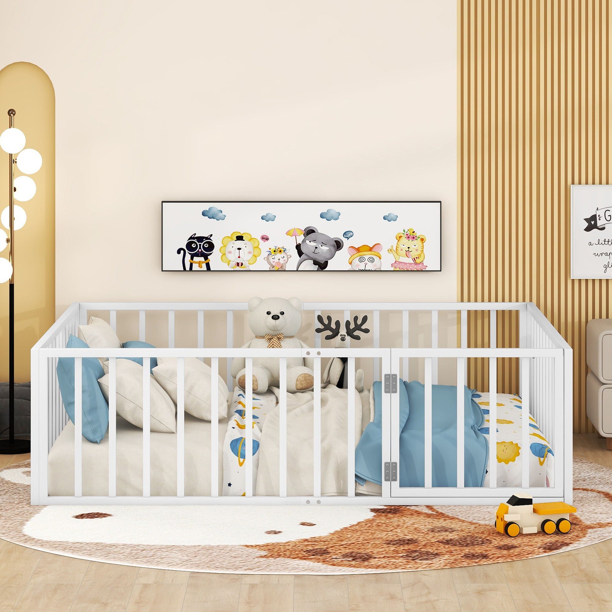 Metal Floor Bed Frame With Fence And Door