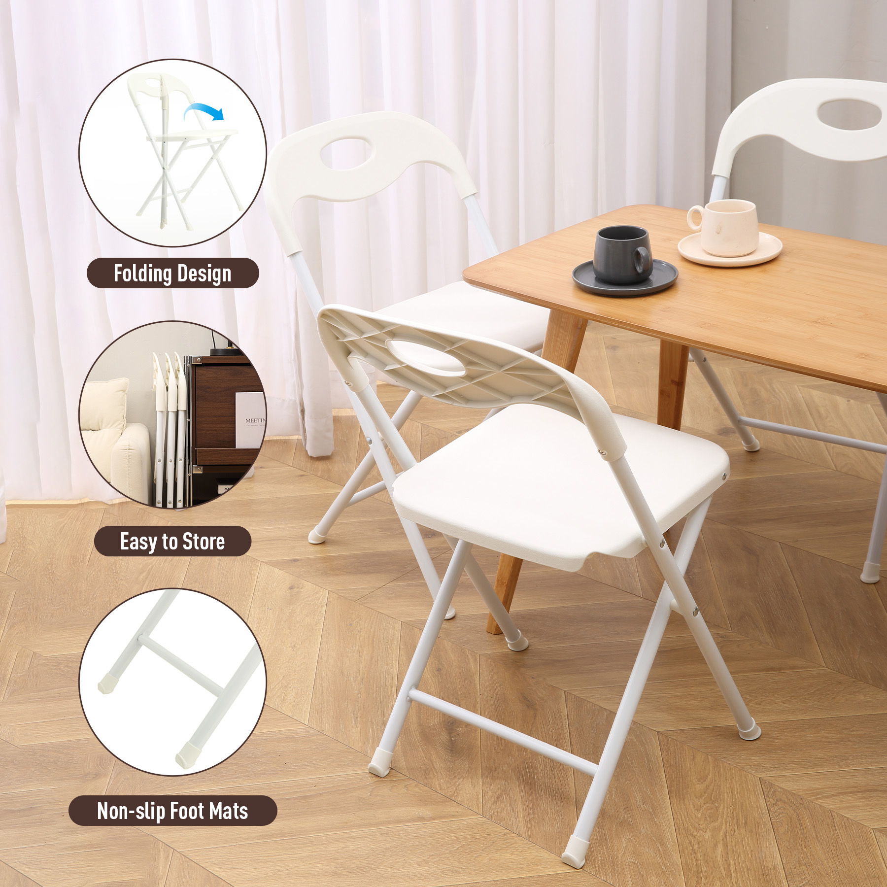Folding Chairs, Stackable & Waterproof (Set of 4) - White