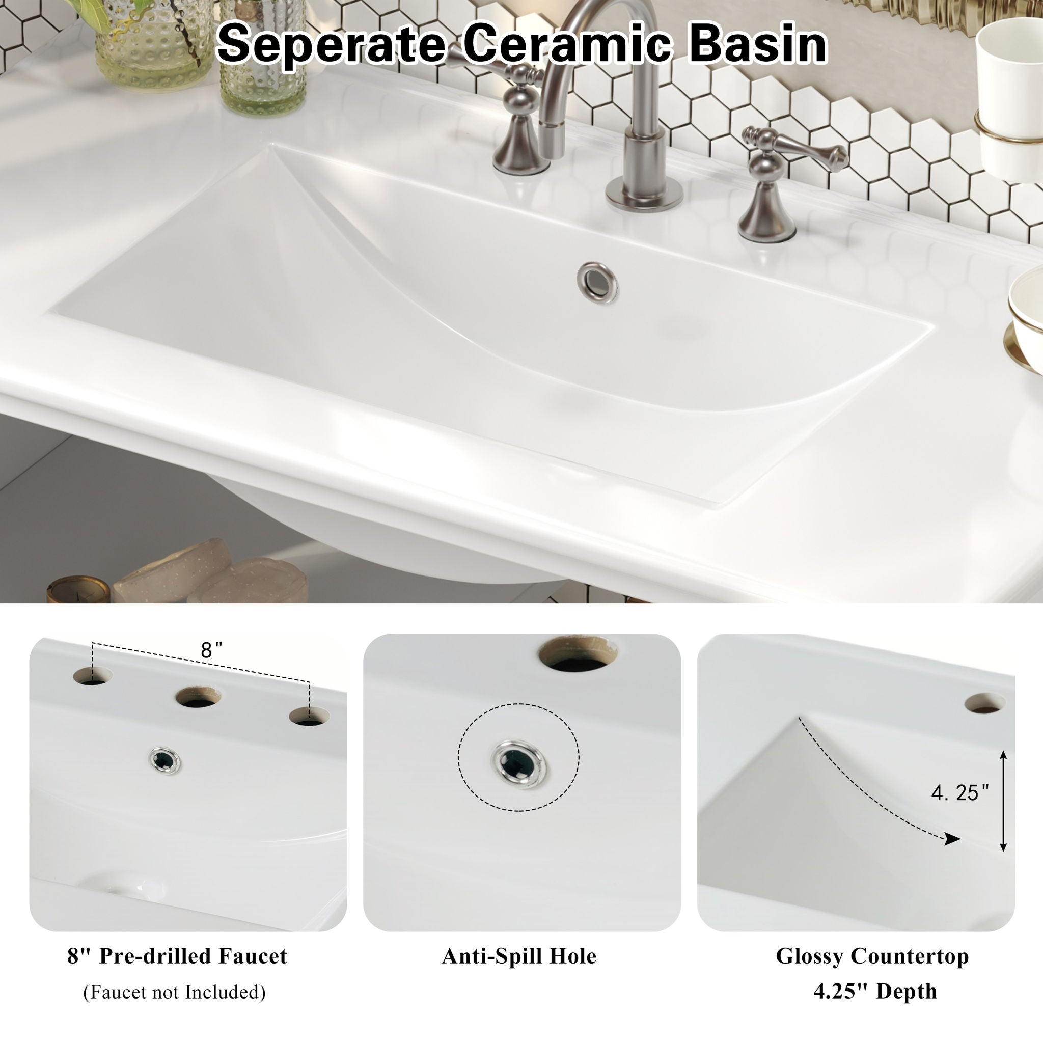 Bathroom Vanity With Ceramic Sink, Adjustable & Open Shelf