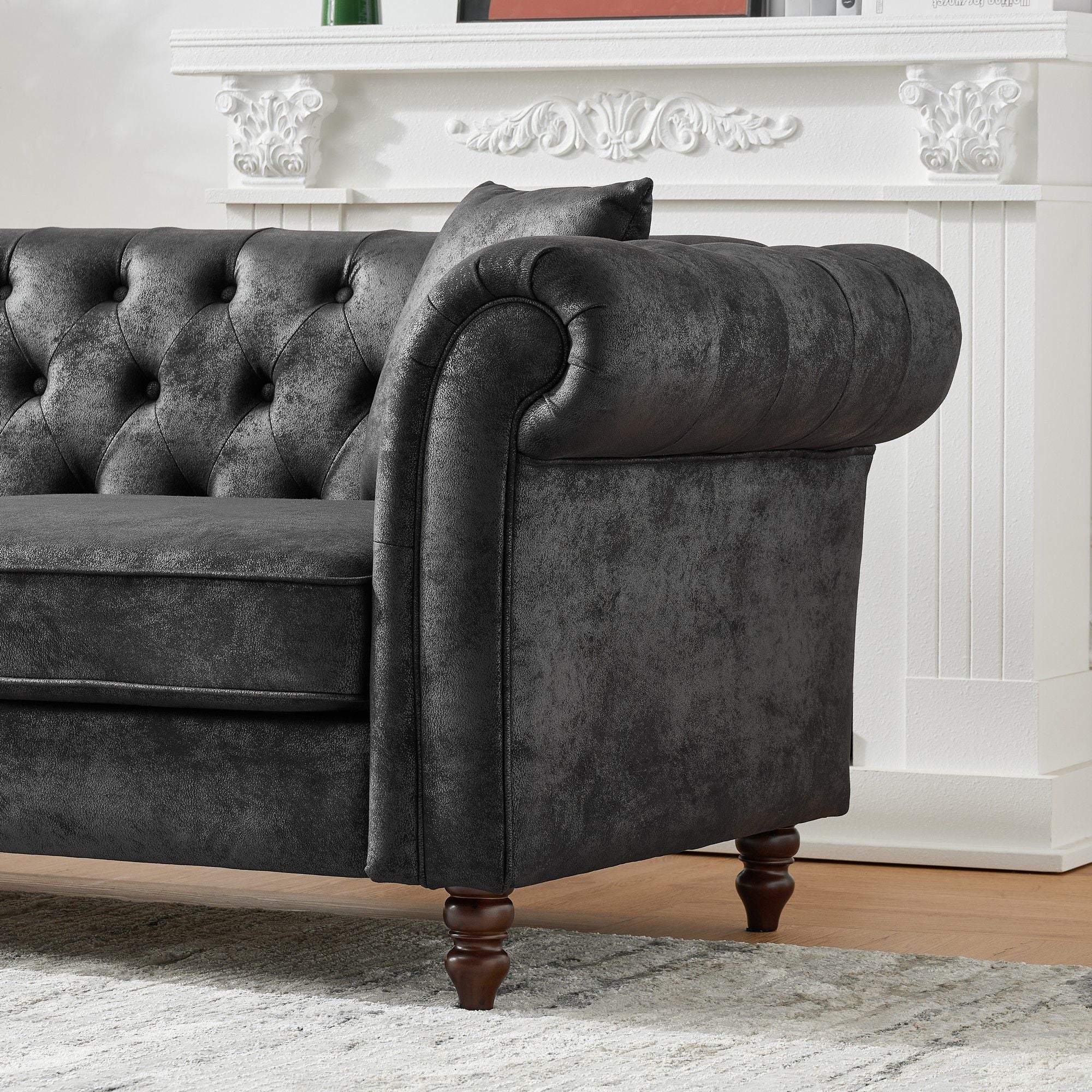 Chesterfield Sofa, High Tech Fabric Roll Armrest, 3 Seater Mid Century Modern Couch - Black