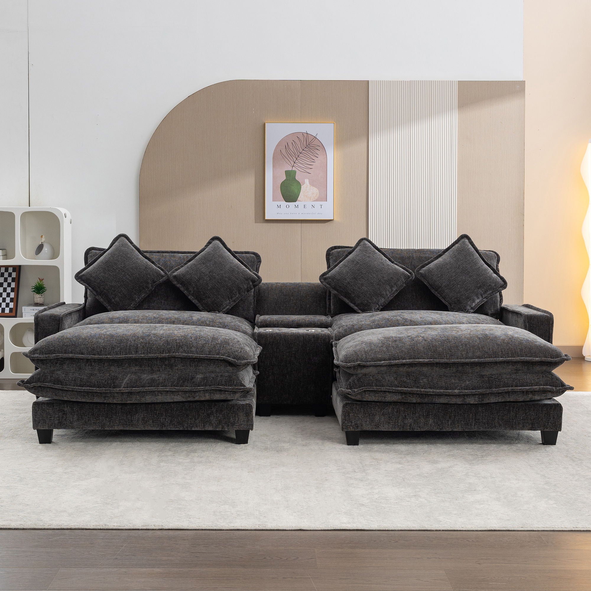 Sectional Sofa Upholstered Sofa With Two Removable Ottoman, Two USB Ports, Two Cup Holders And Large Storage Box For Living Room