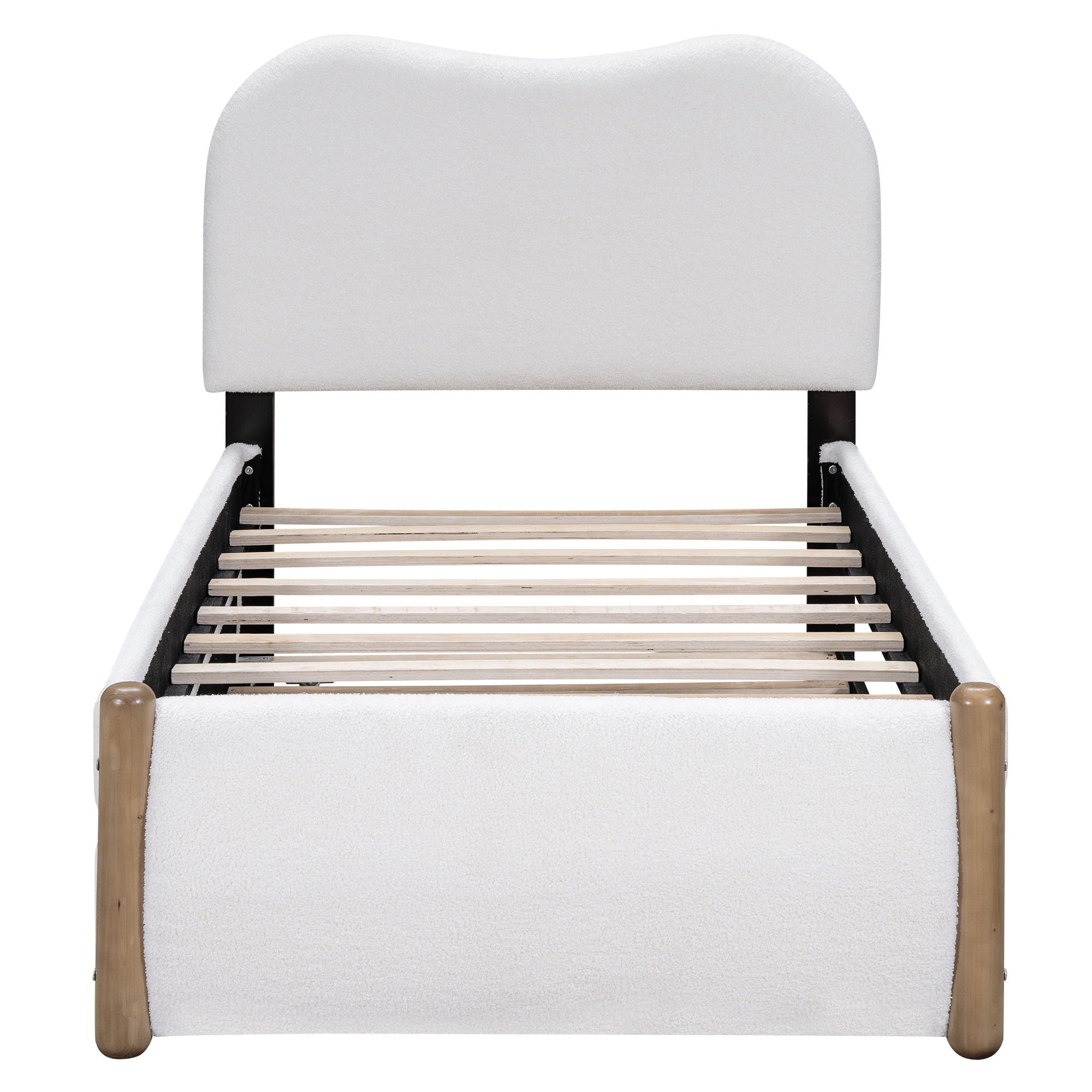 Upholstered Platform Bed With Wood Supporting Feet And Trundle