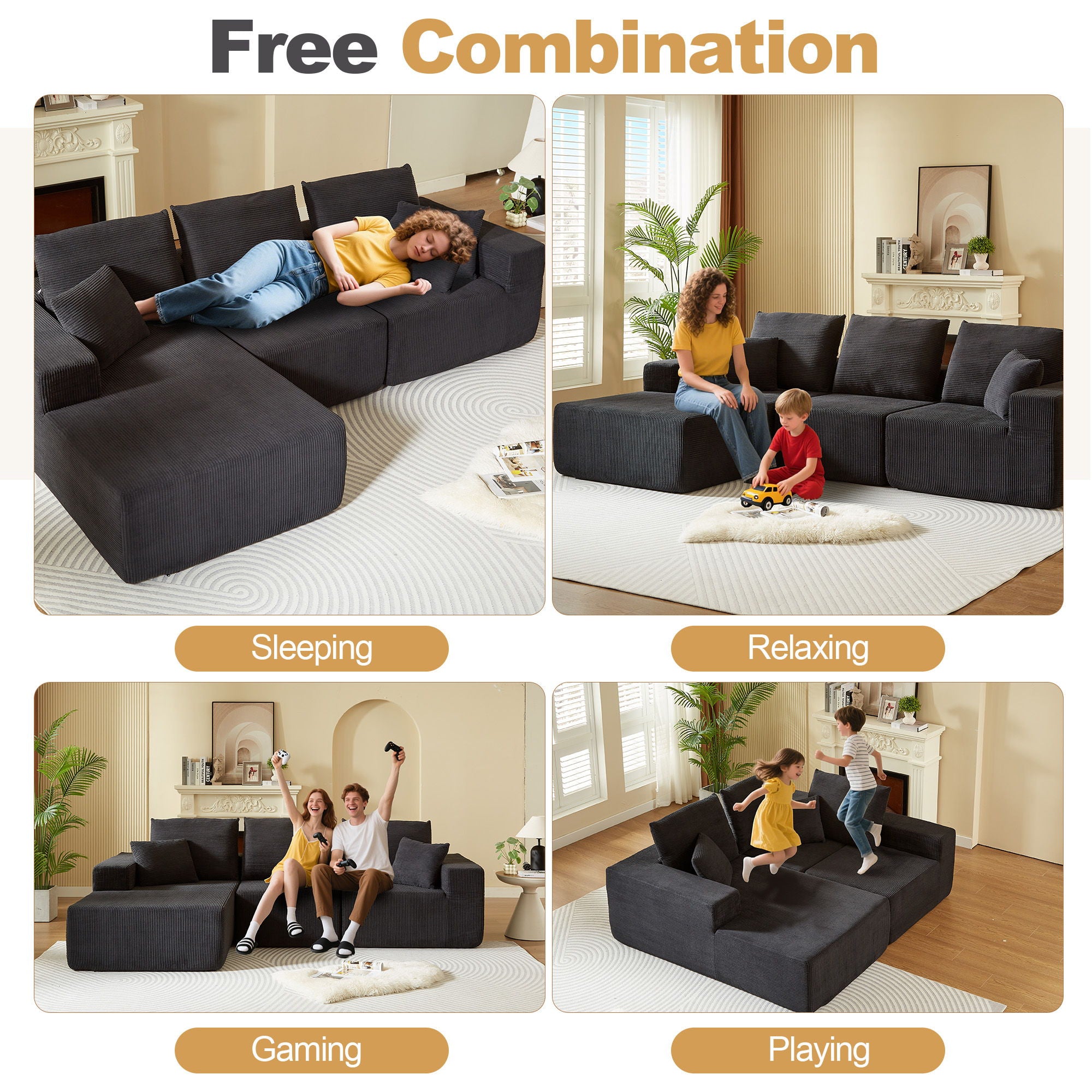 Modular Sectional Sofa With Chaise, L Shaped Cloud Couch With Deep Seat, Sectional Couches For Living Room - Black
