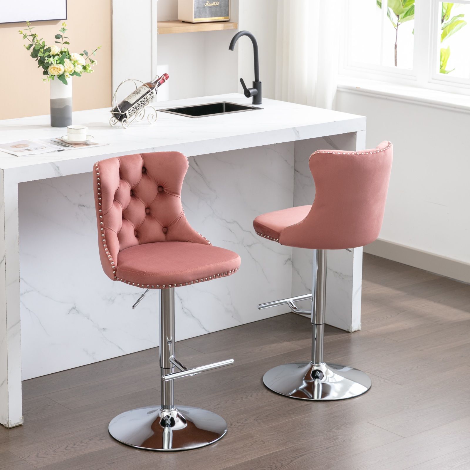 Swivel Barstools Adjusatble Seat Height From 25-33", Modern Upholstered Base Bar Stools With Backs Comfortable Tufted For Home Pub And Kitchen Island (Set of 2)
