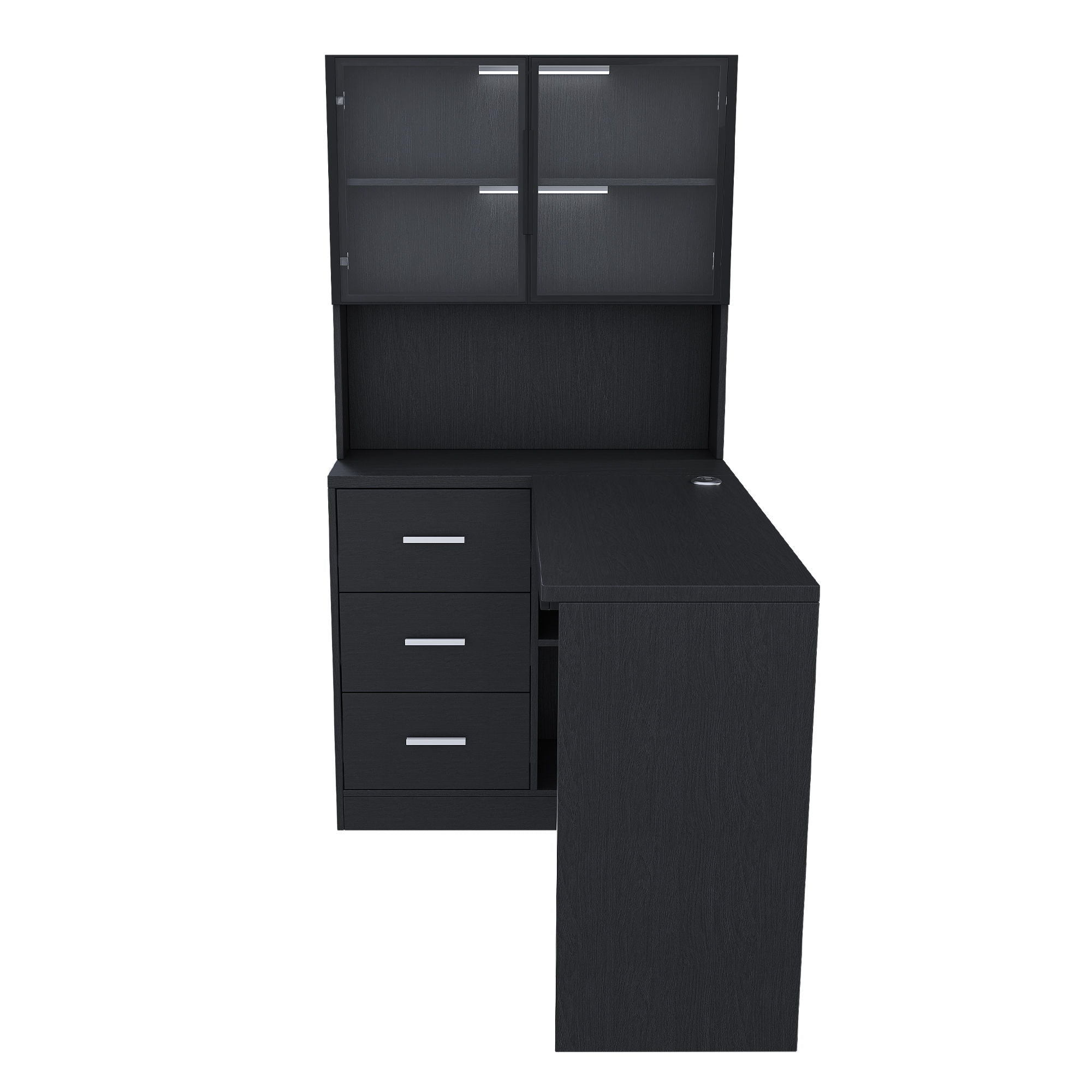 L-Shaped Computer Desk With Glass Cabinets, Built In LED Lights, USB Charging Ports