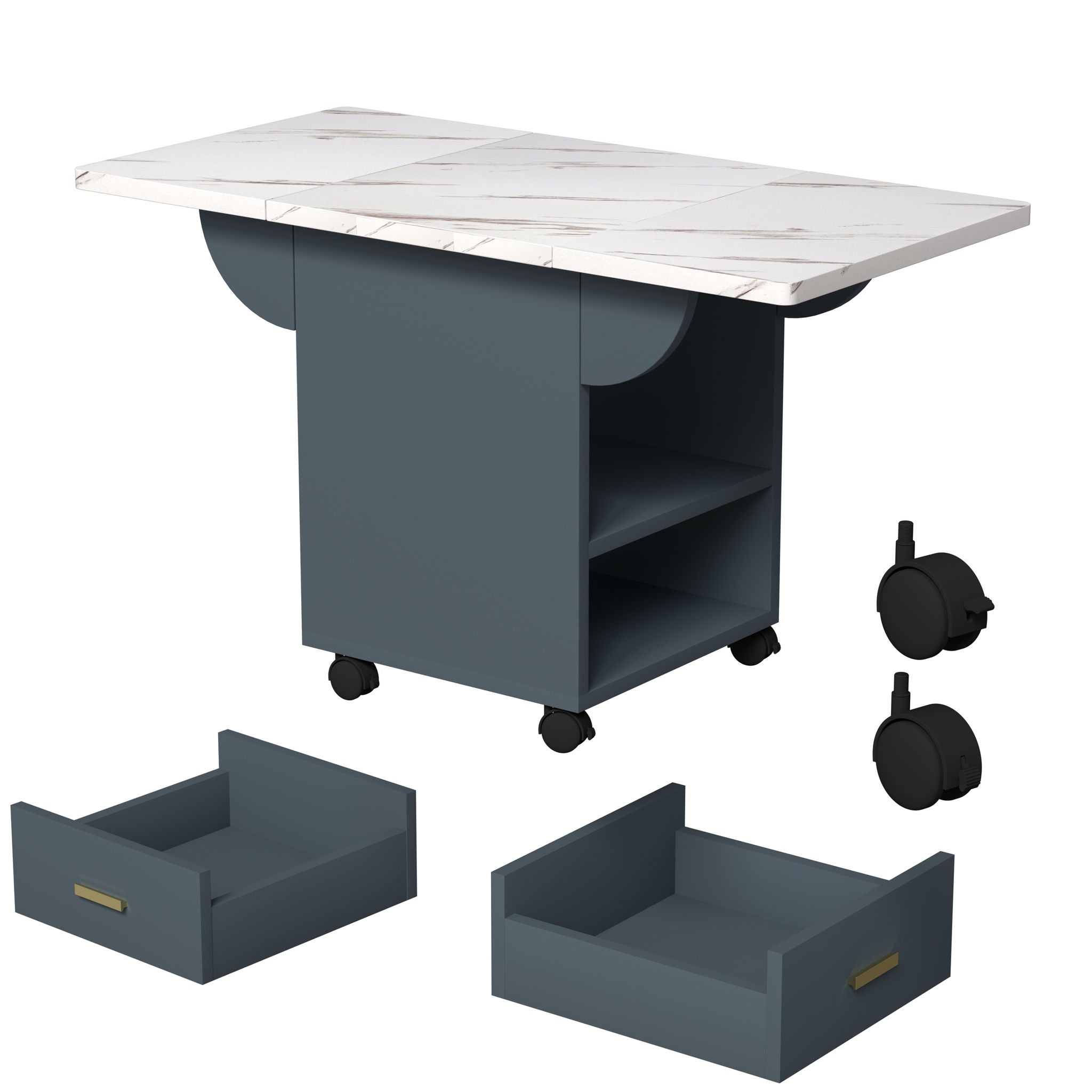 Versatile Wood Folding Dining Table With Wheels, Storage Rack & Drawer, Space Saving Design - White