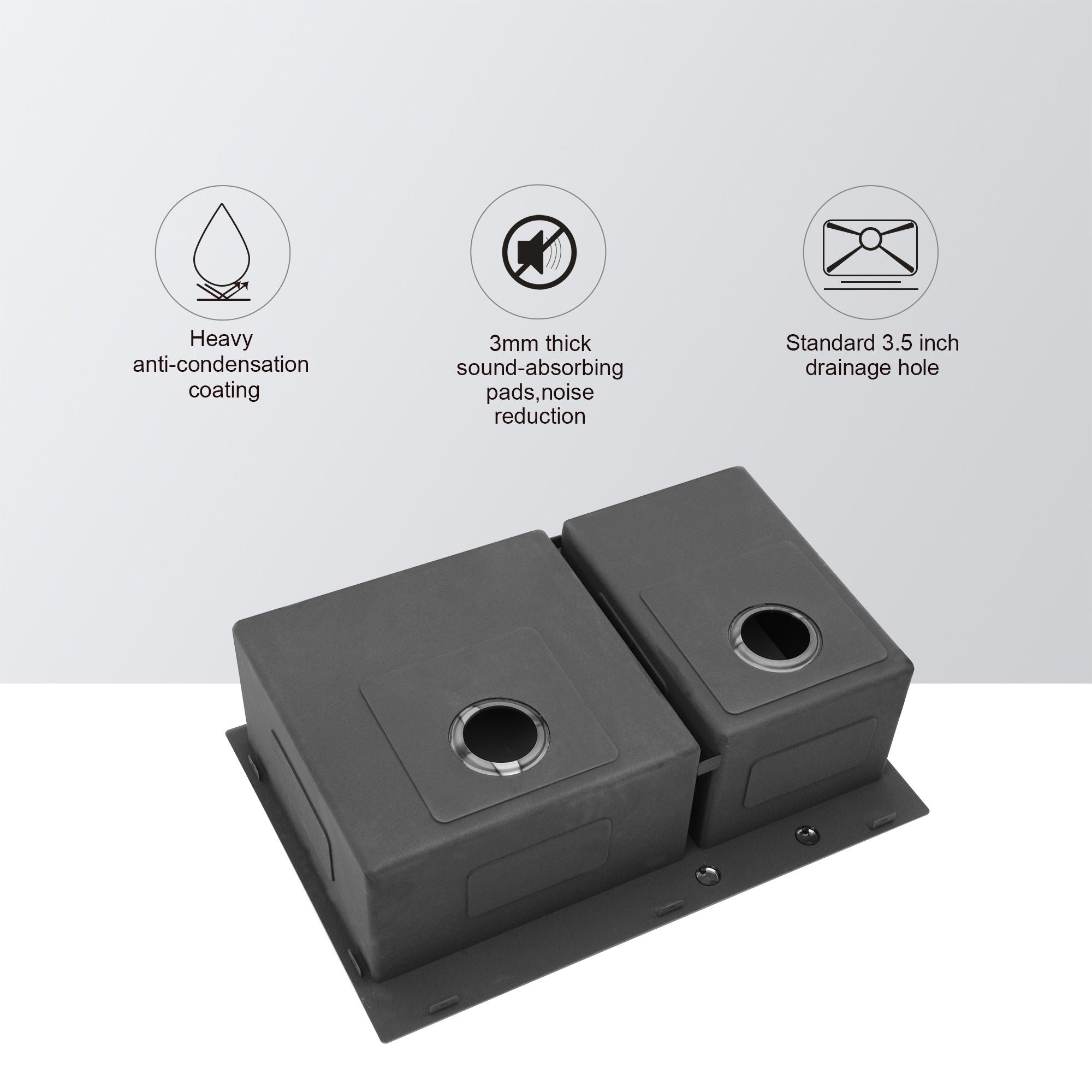 Double Bowl Drop In Sink With 2 - 9" Deep Basins - Gunmetal Black